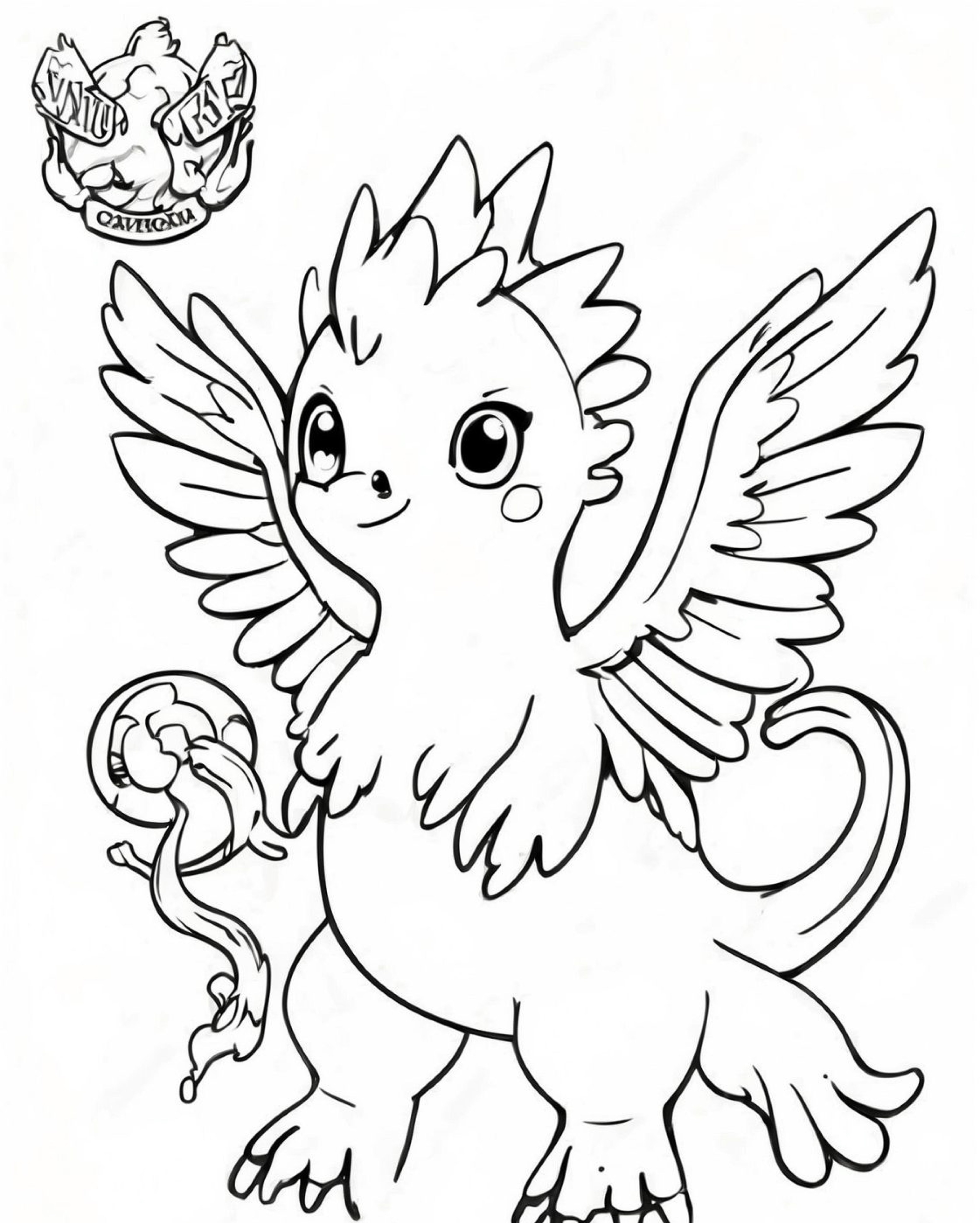 Uma criatura alada fofa com crista e cauda emplumadas, em pé como um personagem charmoso de Pokémon. Uma fita é segurada em sua garra direita, tornando-a perfeita para desenho para colorir.