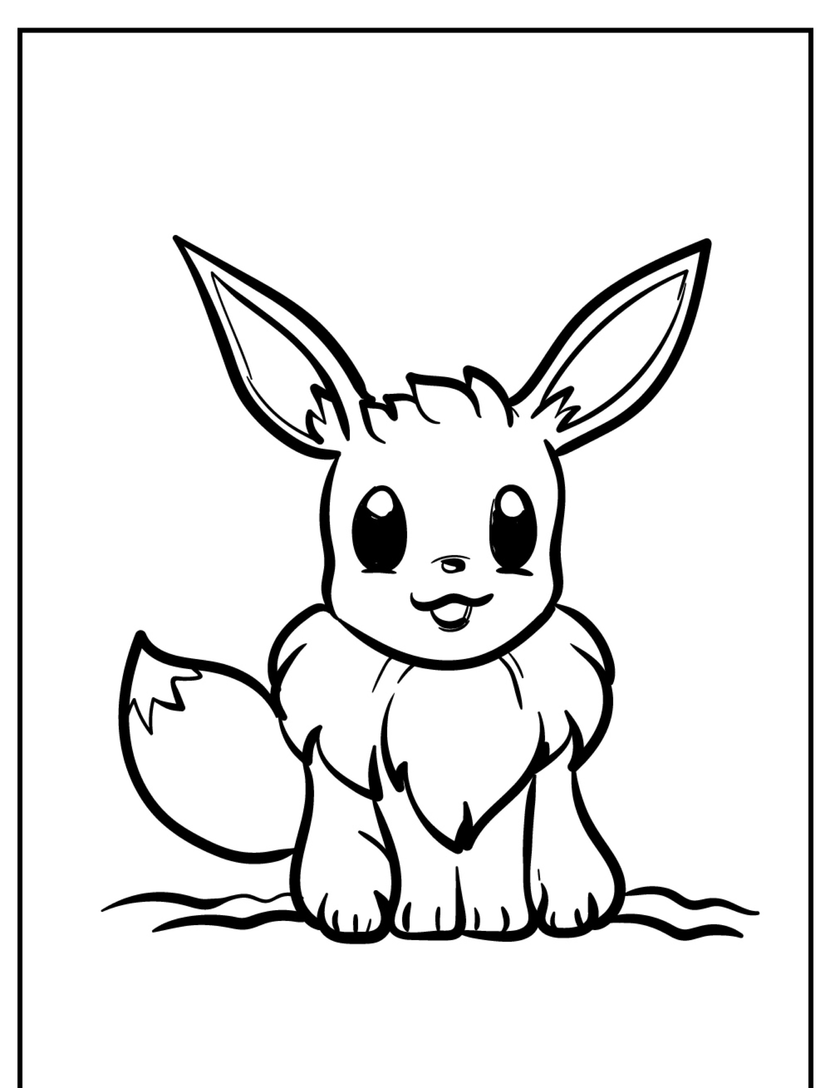 Um desenho simples de Eevee, um Pokémon parecido com uma raposa, com orelhas grandes e uma cauda espessa, sentado e sorrindo — perfeito para desenho para colorir.