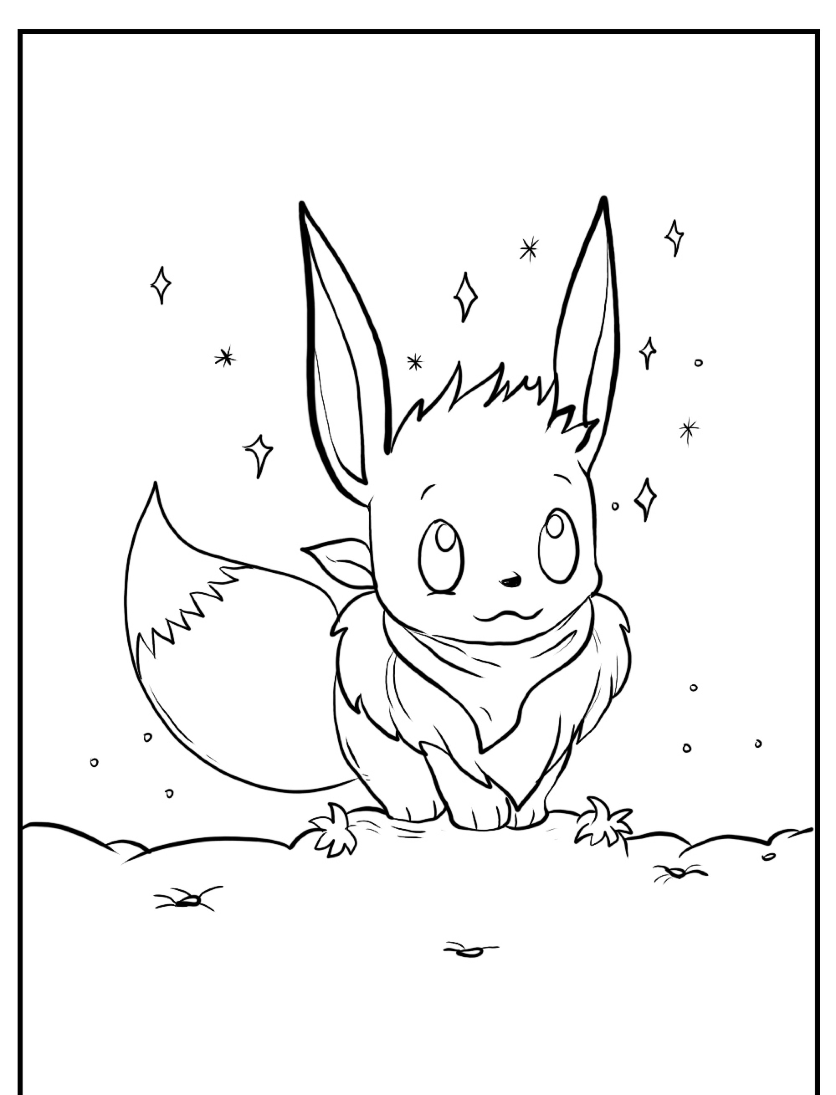 Um personagem fofo, estilo raposa, de desenho animado, que lembra um Pokémon com orelhas grandes e uma cauda espessa, fica em um chão nevado, cercado por brilhos. Perfeito para entusiastas de desenho para colorir!