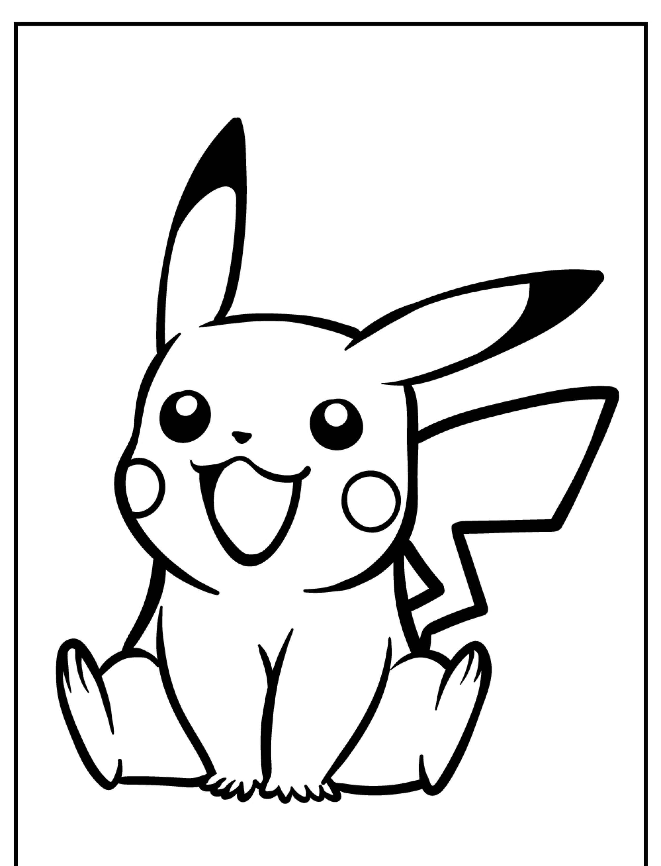 Um desenho em preto e branco do Pikachu sentado alegremente com a boca aberta e os olhos arregalados, perfeito para quem está procurando desenhos para colorir do seu Pokémon favorito.