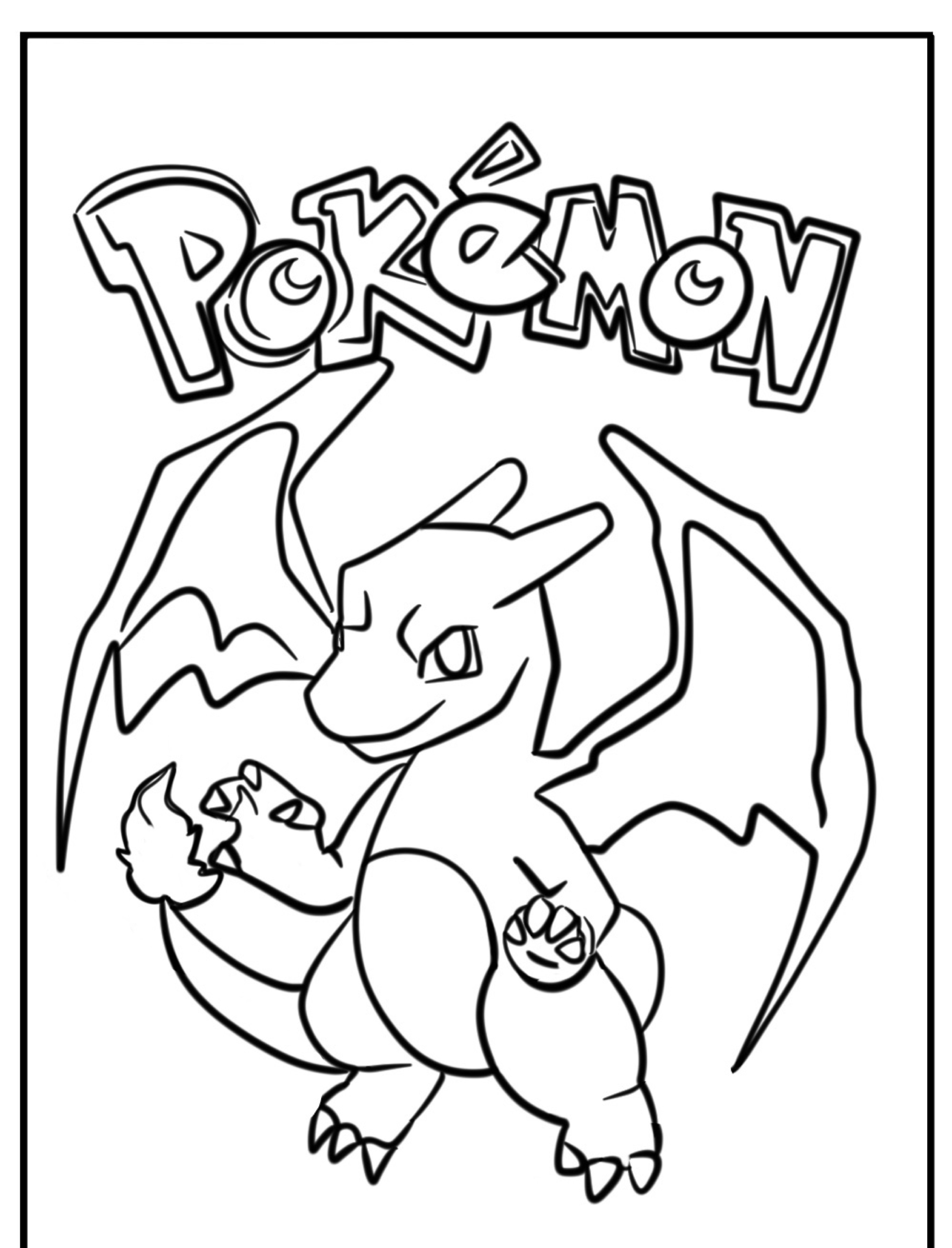 Desenho de um feroz Pokémon semelhante a um dragão com asas, sob o texto do logotipo "Pokémon" na parte superior. Perfeito para fãs de desenhos para colorir.