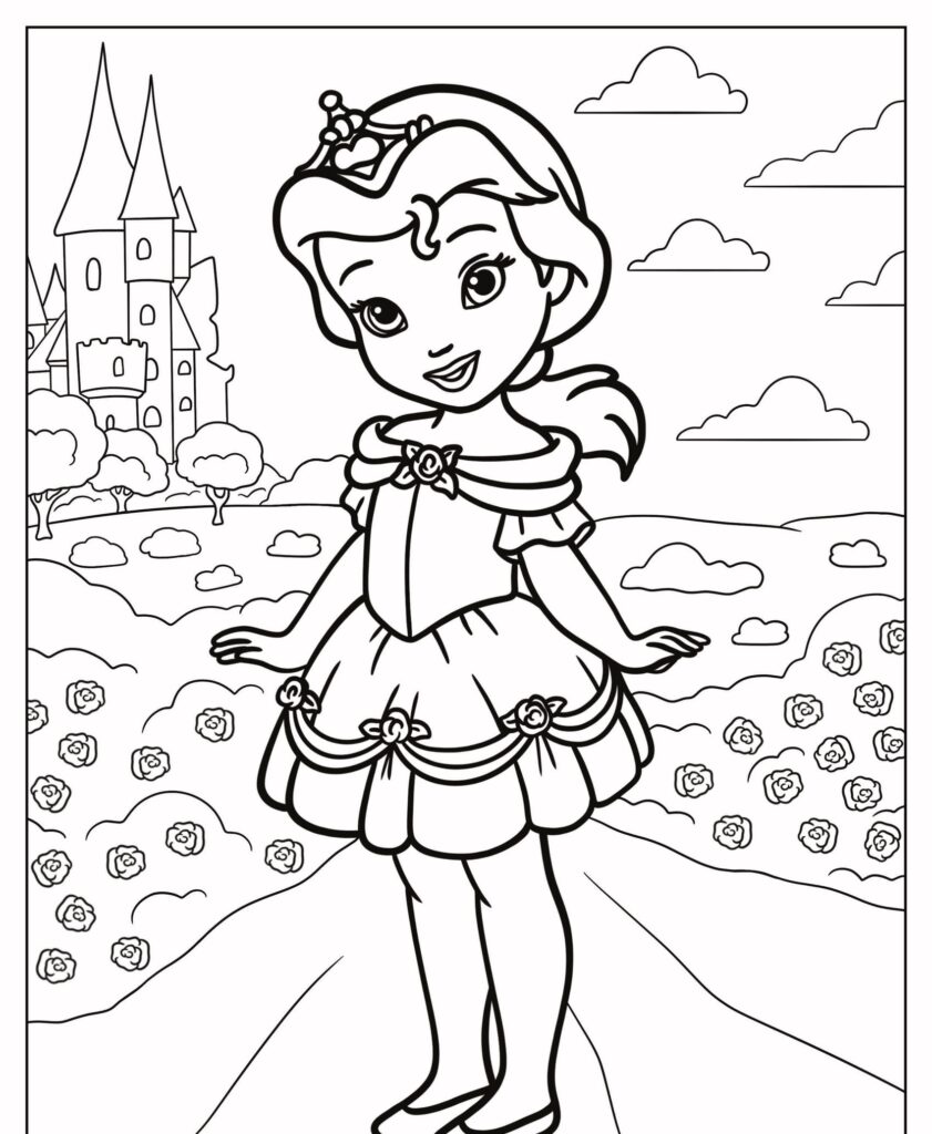 Uma princesa parada em um caminho cercado por flores com um castelo ao fundo, em um estilo de desenho para colorir.