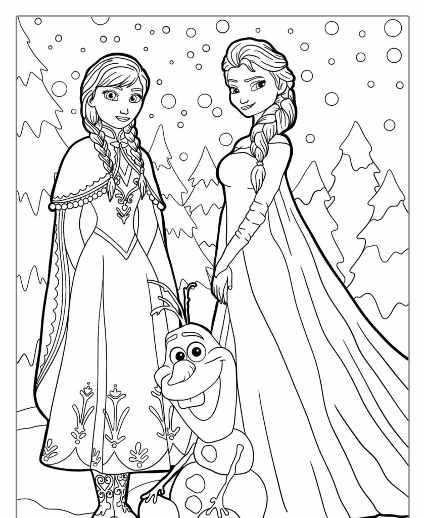 Duas personagens femininas e um boneco de neve estão em uma paisagem de neve com pinheiros ao fundo, evocando cenas de princesas da Disney. É perfeito para quem procura desenho para colorir.