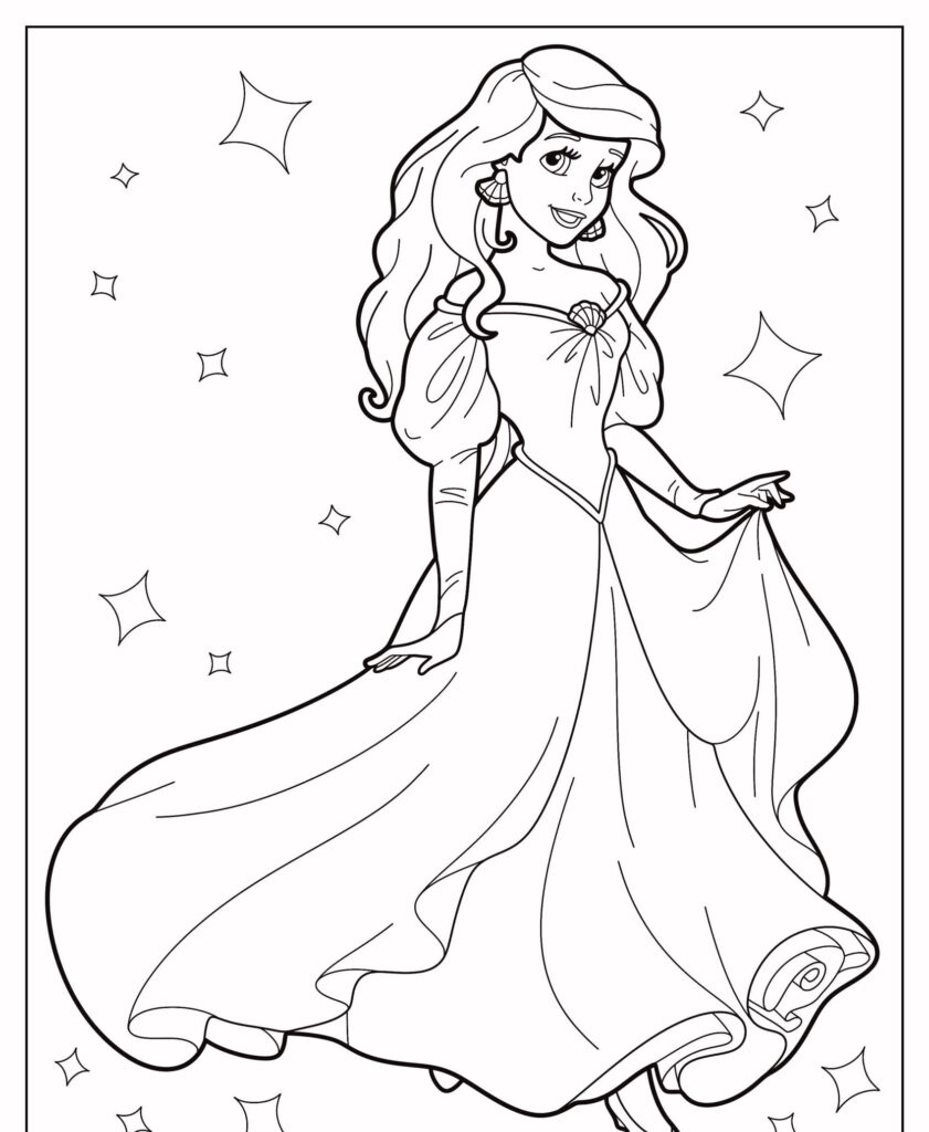 Uma princesa com cabelos longos segura seu vestido, cercada por brilhos. Desenhos para colorir.