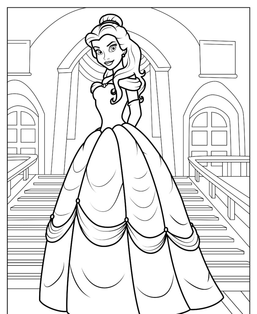 Desenho de uma princesa com cabelos longos em um vestido de baile em pé em escadas em frente a janelas em arco, lembrando as icônicas princesas da Disney. Perfeito para desenho para colorir!