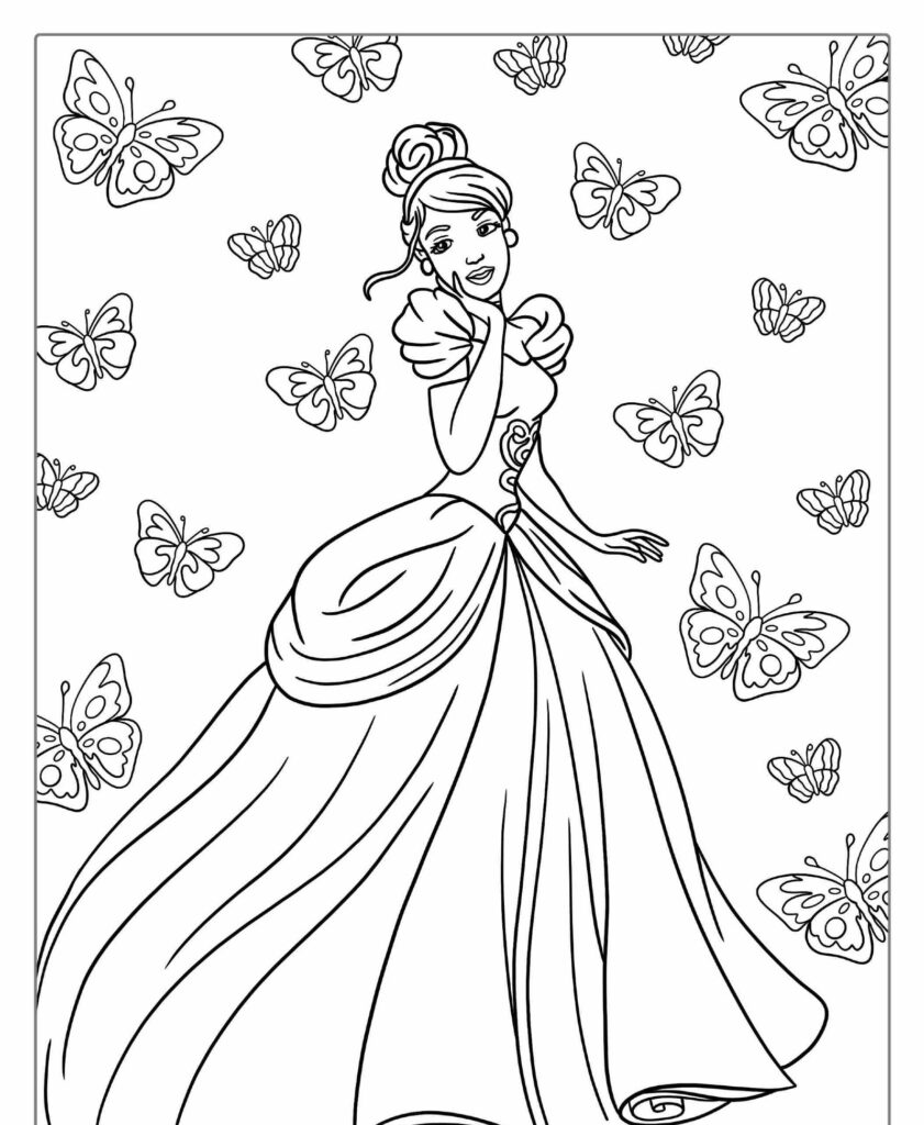 Uma princesa em um vestido esvoaçante está cercada por borboletas, sorrindo com uma mão no rosto, exatamente como aquelas imagens encantadoras nos desenhos para colorir de princesas da Disney.