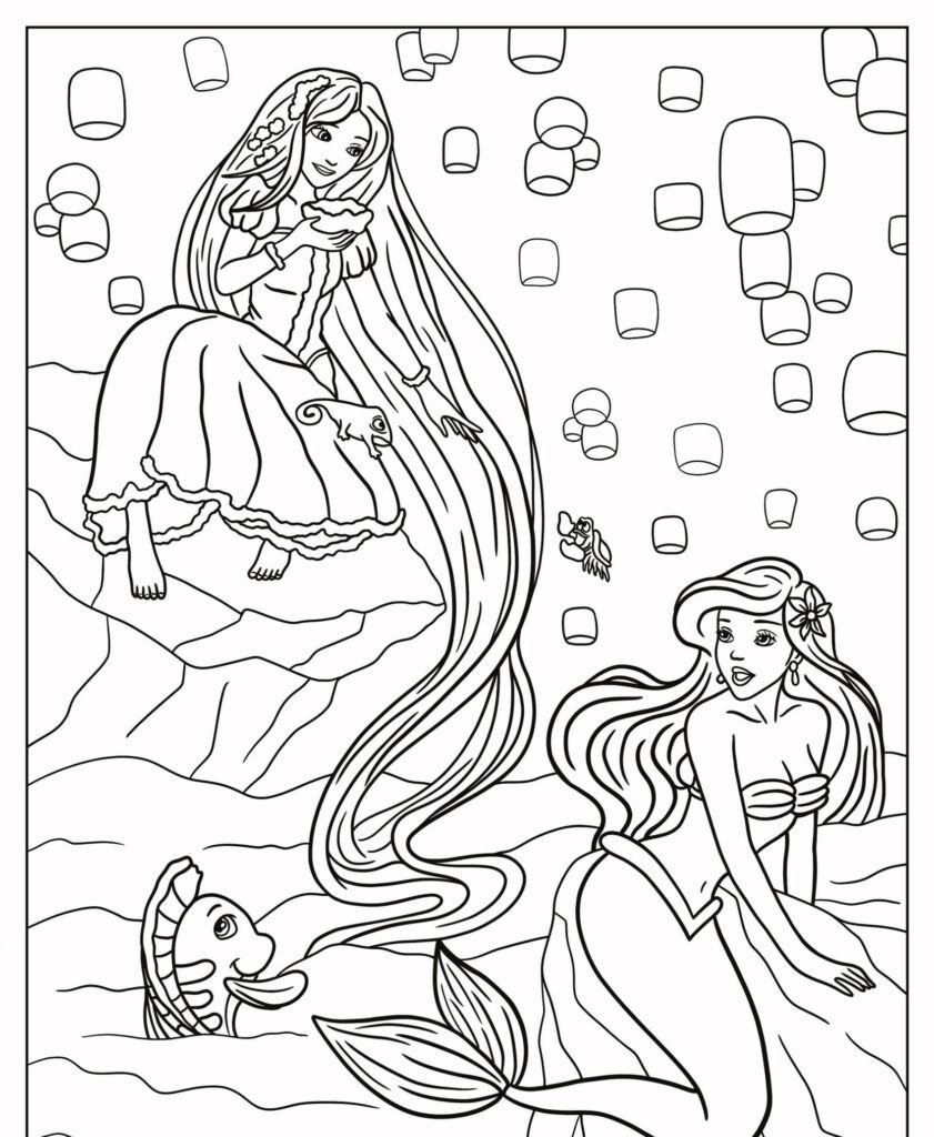 Uma sereia e uma menina de cabelos longos sentam-se em pedras debaixo d'água, cercadas por peixes e lanternas flutuantes. Parece uma cena de "princesas da Disney" ou um daqueles mágicos "Desenhos para colorir".