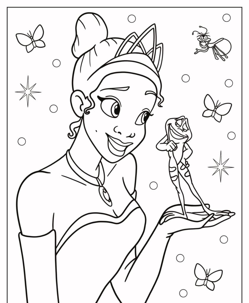 Nesta encantadora página de desenho para colorir, uma princesa da Disney segura um sapo e sorri, cercada por borboletas, estrelas e um vaga-lume.