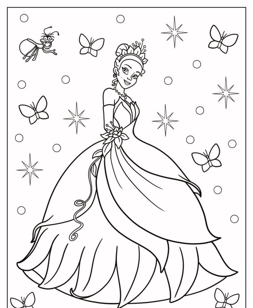 Uma princesa em um vestido de baile com borboletas, estrelas e um inseto ao seu redor, em uma página de desenho para colorir.