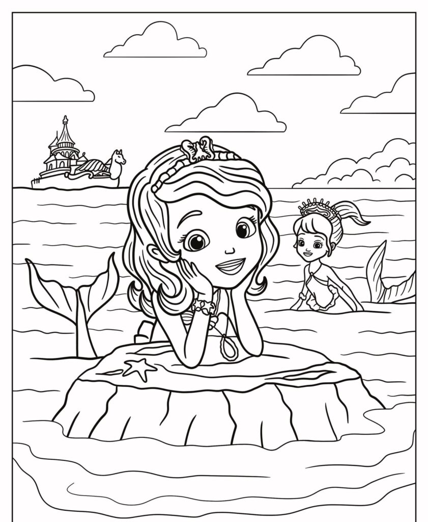 Duas sereias com coroas brincam no mar perto de um castelo, uma em uma pedra e a outra nadando na água, lembrando desenhos para colorir de princesas da Disney.