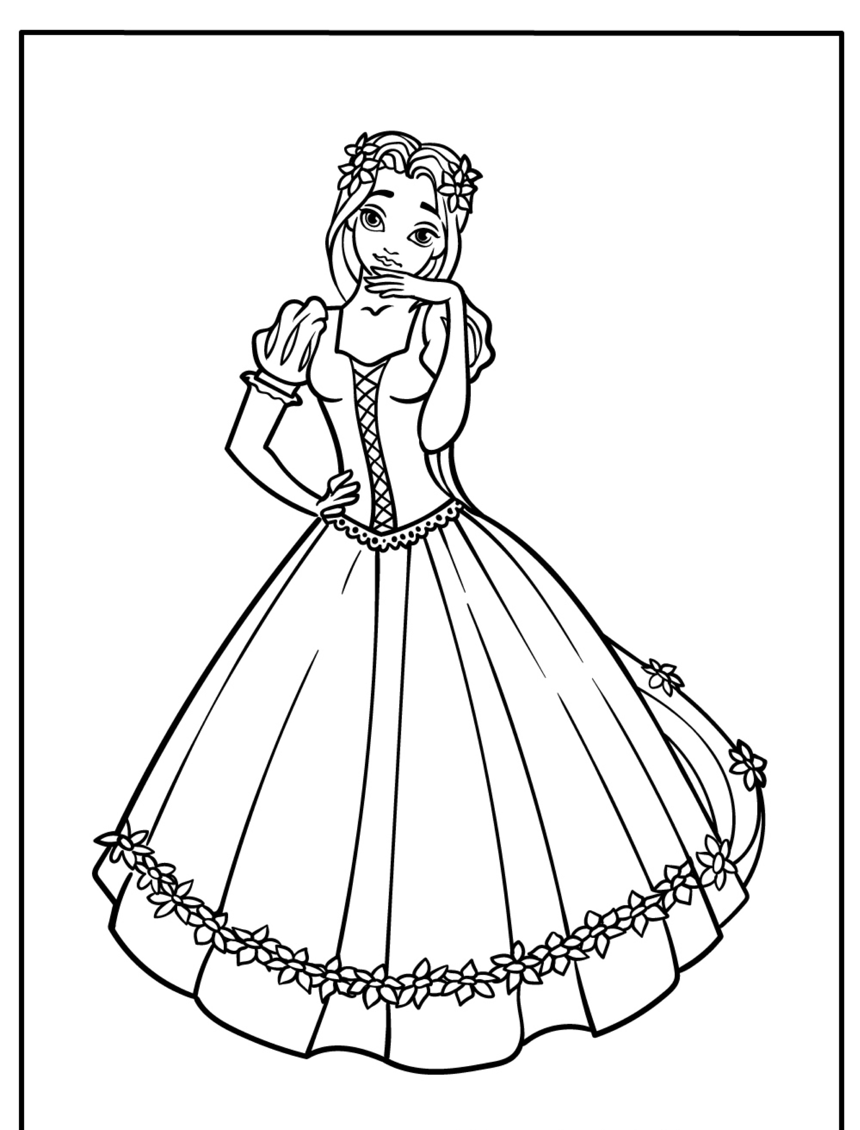 Colorir o desenho de uma princesa com cabelos longos, usa um vestido adornado com flores e uma coroa de flores na cabeça. Para desenhar.