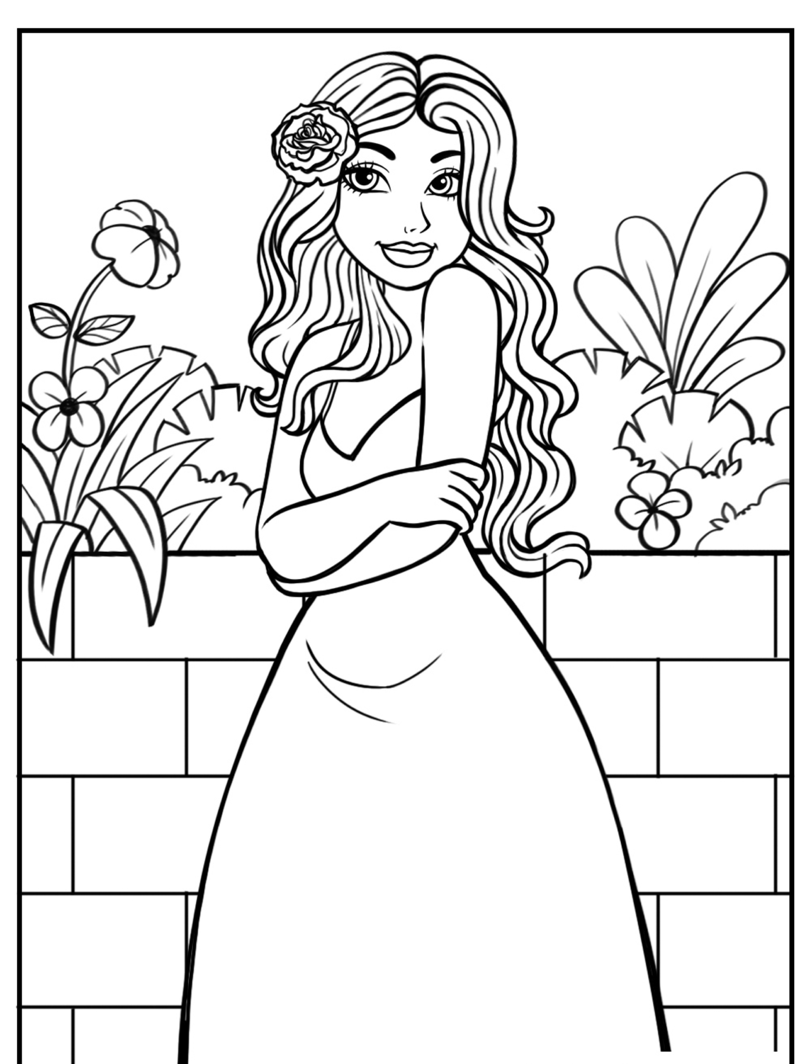 Uma mulher de cabelos longos e ondulados e uma flor no cabelo está parada como uma daquelas princesas de desenho animado em frente a um muro de jardim adornado com plantas. Para desenhar.