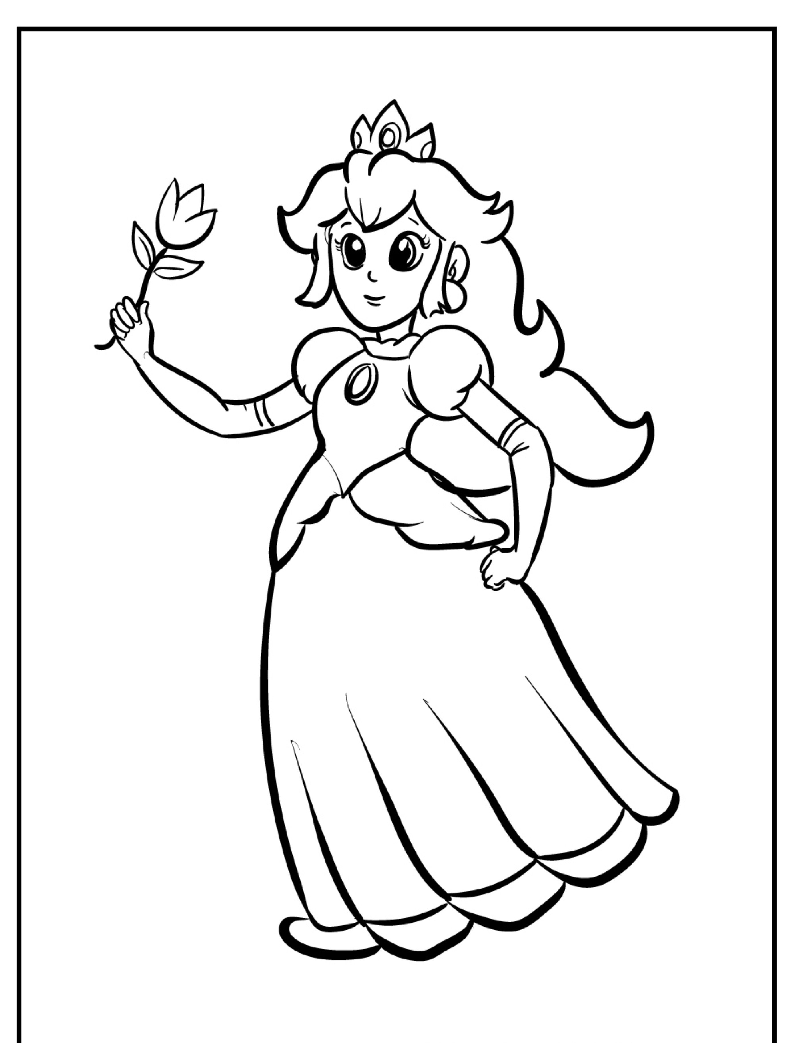 Um desenho em preto e branco de uma princesa segurando uma flor, usando um vestido longo e uma coroa, perfeito para Desenhos Para Colorir. Para desenhar.