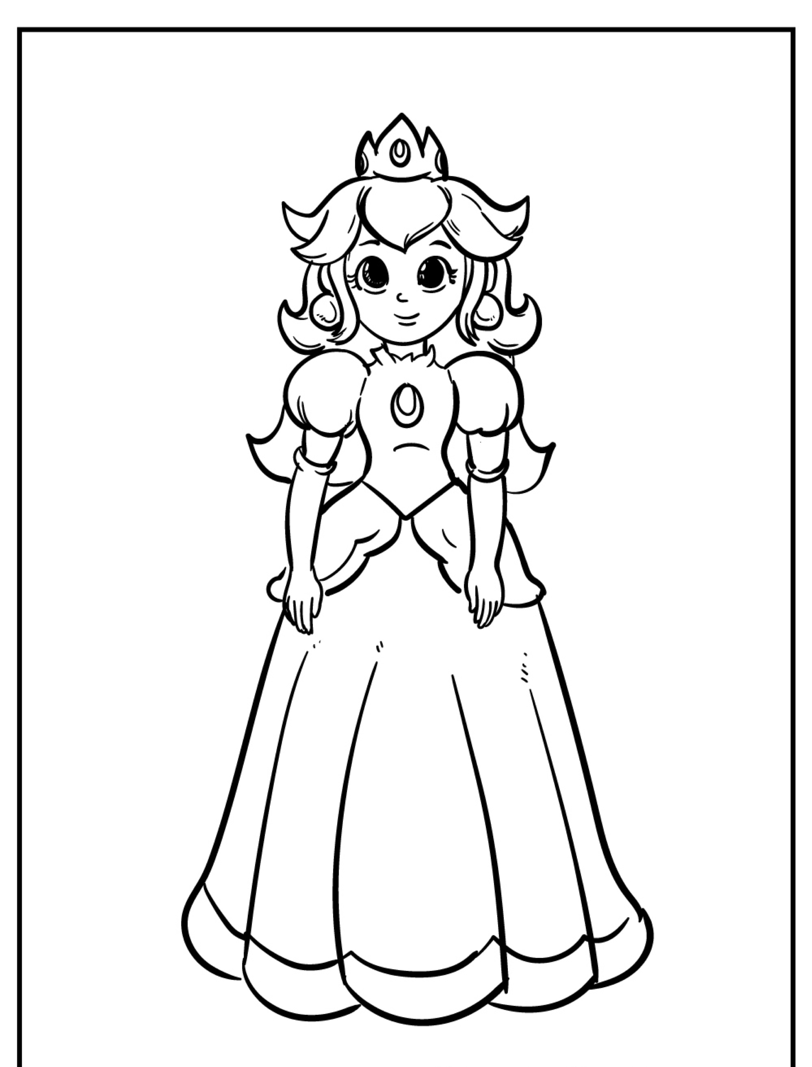 Uma página para colorir de uma princesa usando uma coroa e um vestido longo, de pé com as mãos ao lado do corpo. Perfeito para quem ama desenhos de princesas para colorir! Para desenhar.