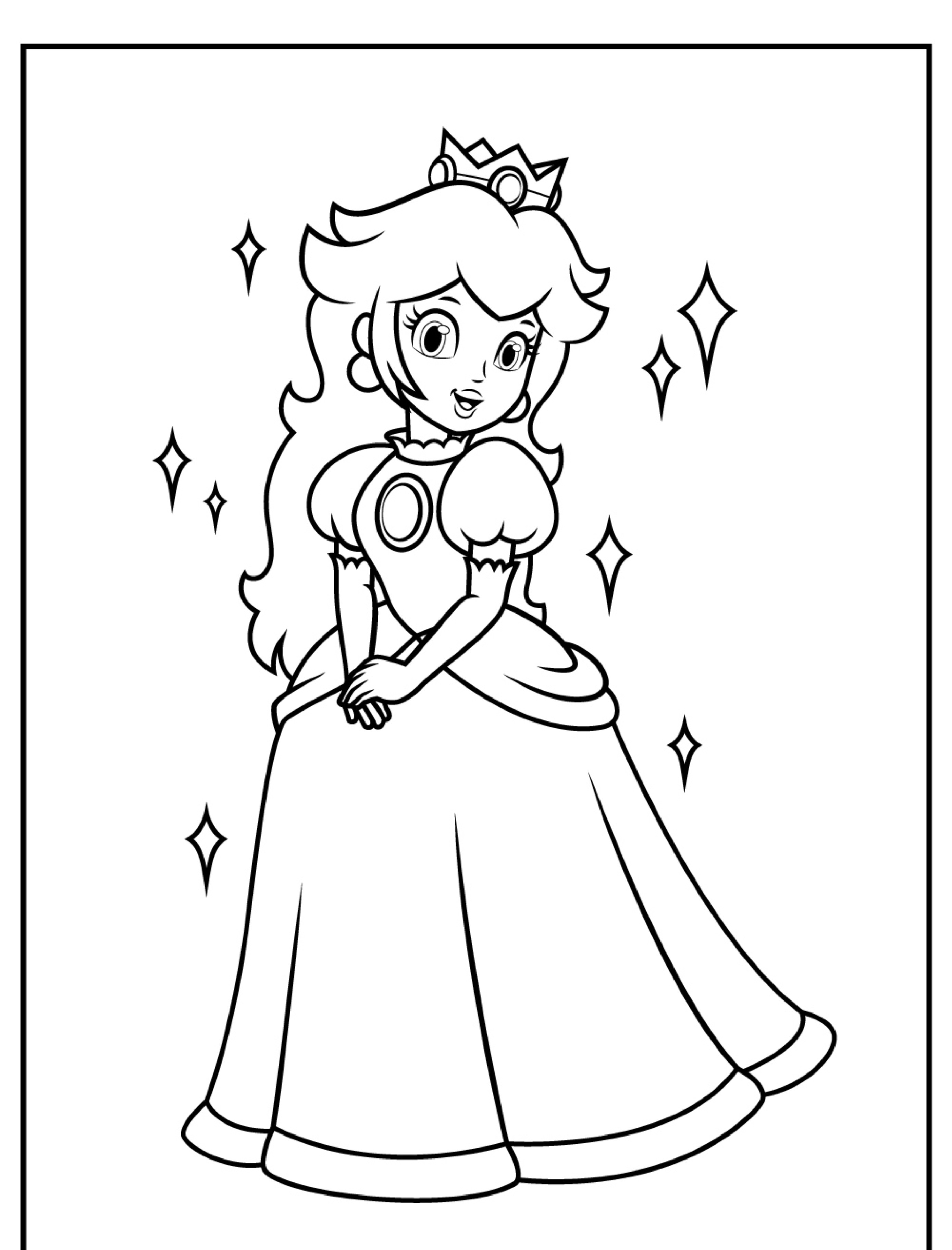 Uma página para colorir de uma princesa vestida com um vestido longo com uma coroa na cabeça e estrelas ao redor dela, perfeita para quem gosta de desenhos para colorir. Para desenhar.