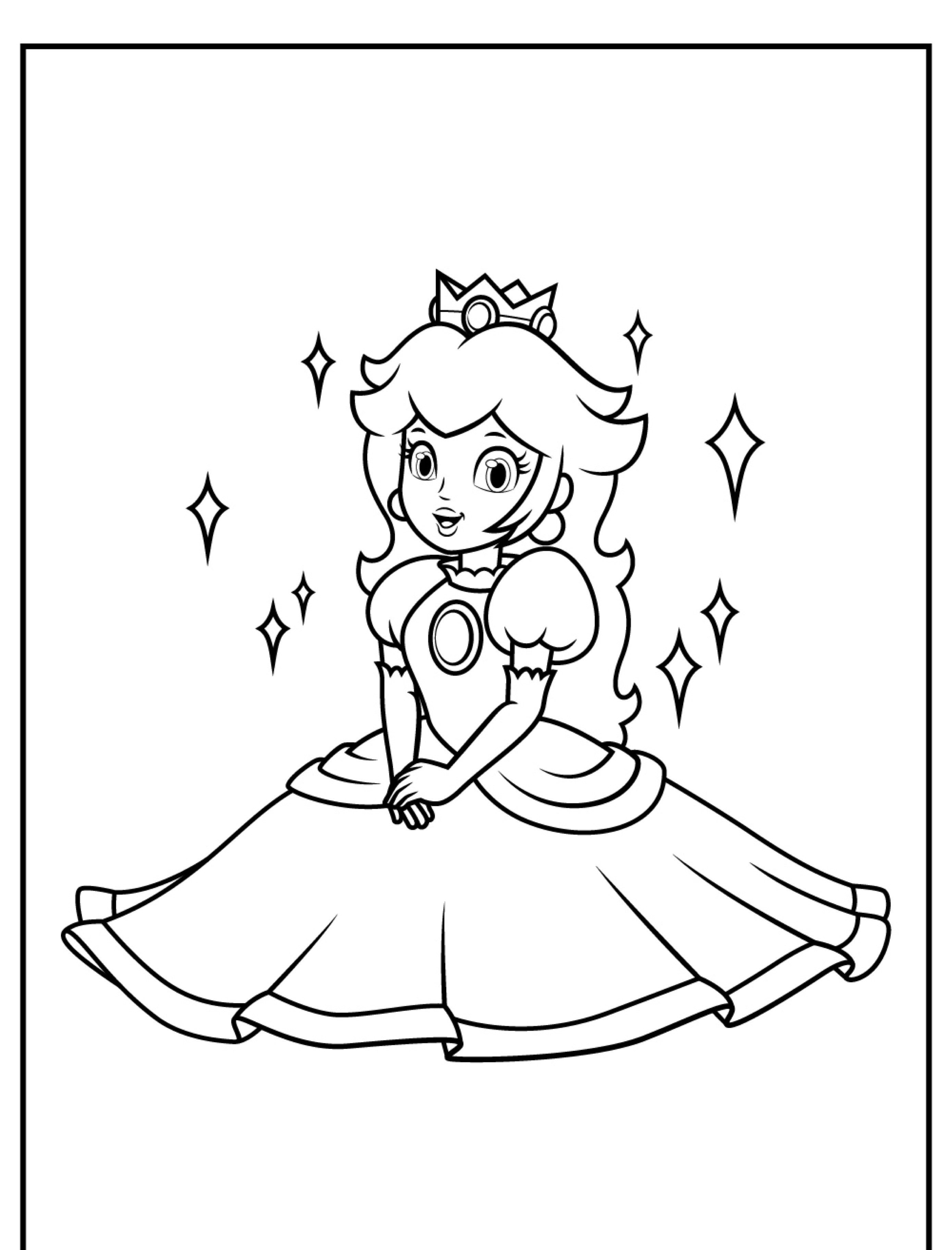 Uma princesa com uma coroa e um vestido está sorrindo, cercada por estrelas brilhantes, em uma página de desenhos para colorir. Para desenhar.