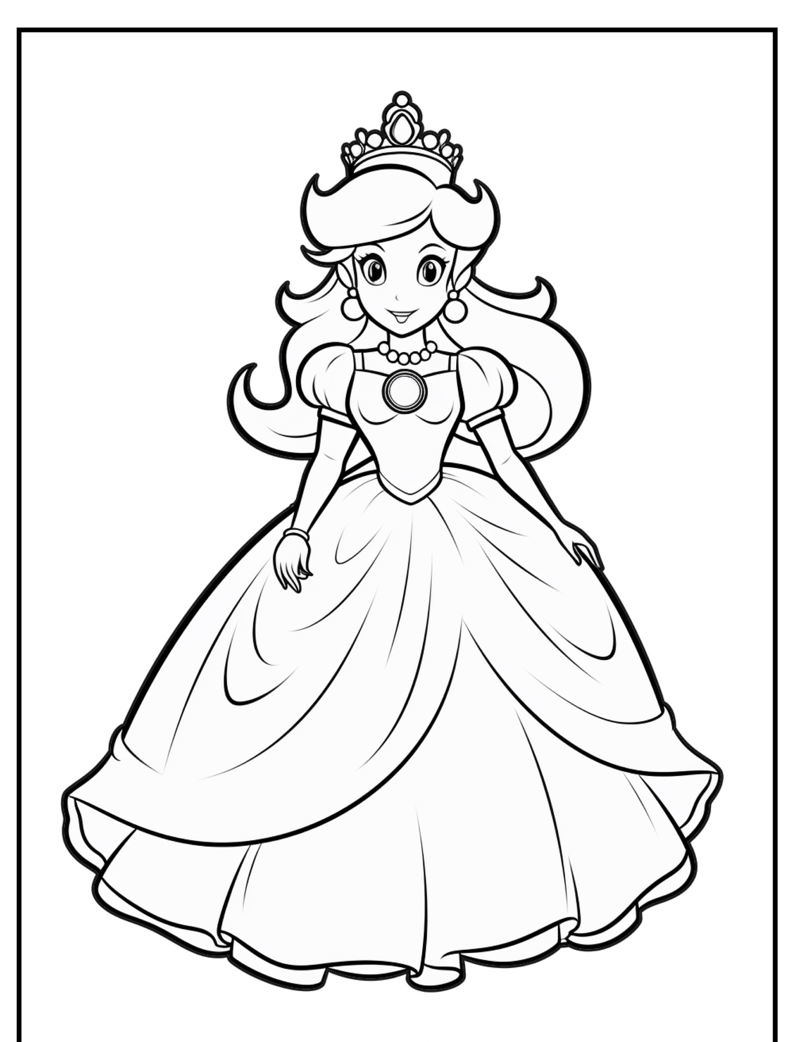 Uma página para colorir, intitulada "Colorir Princesas", apresentando uma princesa com uma coroa, vestido longo e cabelos soltos, de pé e sorrindo. Para desenhar.