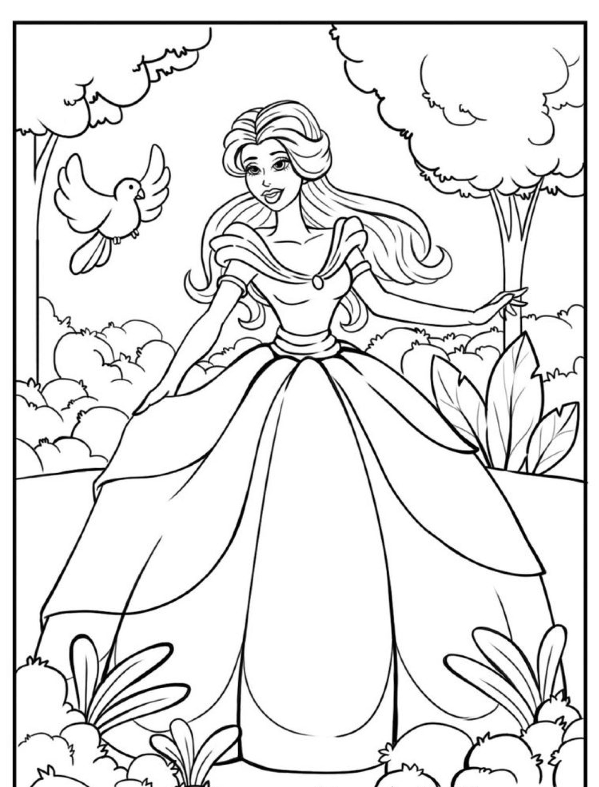 Uma princesa em um vestido esvoaçante está em um jardim com árvores e arbustos, enquanto um pássaro voa por perto, aguardando os tons vibrantes daqueles que amam colorir desenhos de princesas. Para desenhar.