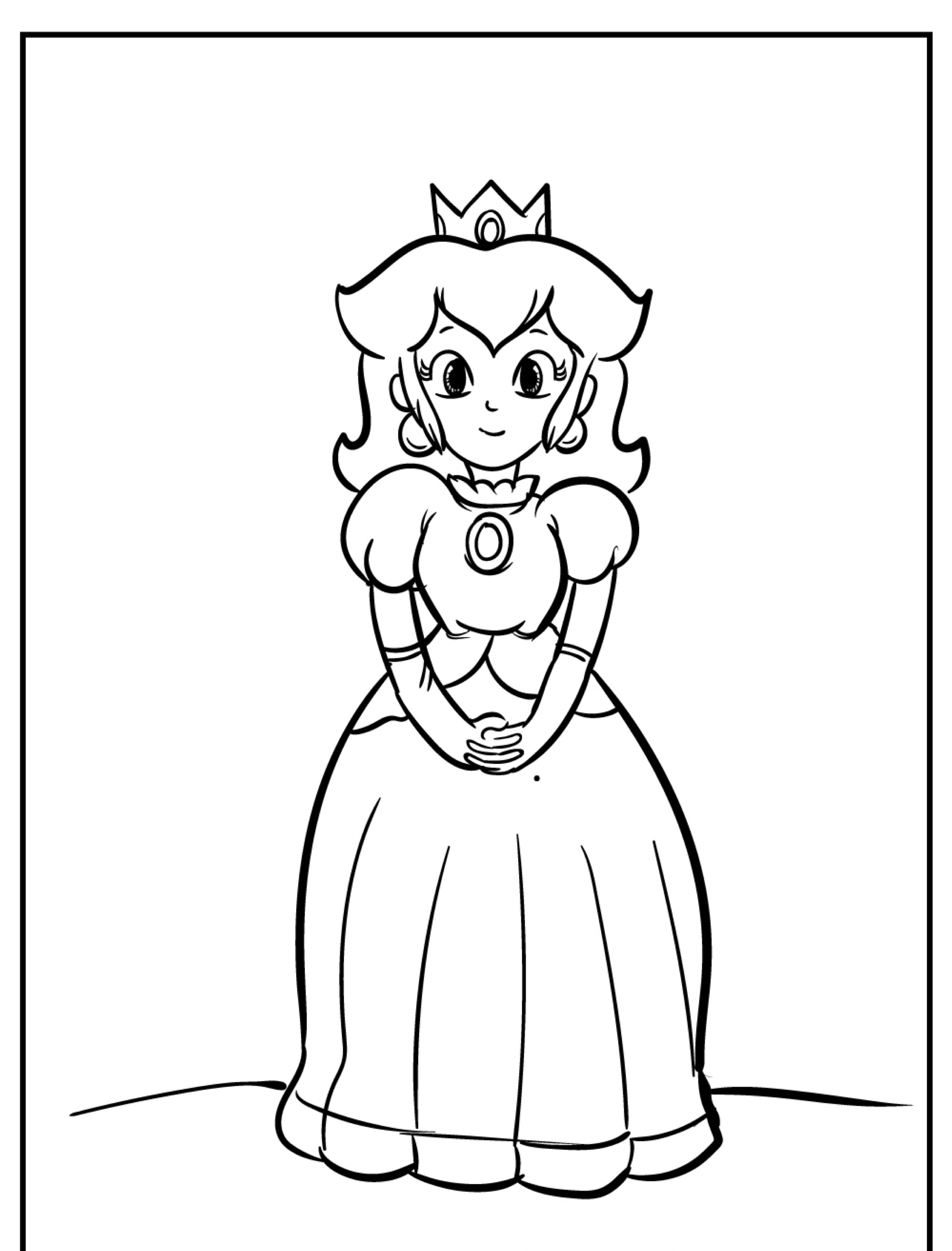 Desenho em preto e branco de uma princesa com uma coroa, mangas bufantes e um vestido longo, de pé com as mãos entrelaçadas. Perfeito para quem ama Desenhos Para Colorir, esta cena encantadora de Colorir Princesas convida à criatividade e à imaginação. Para desenhar.