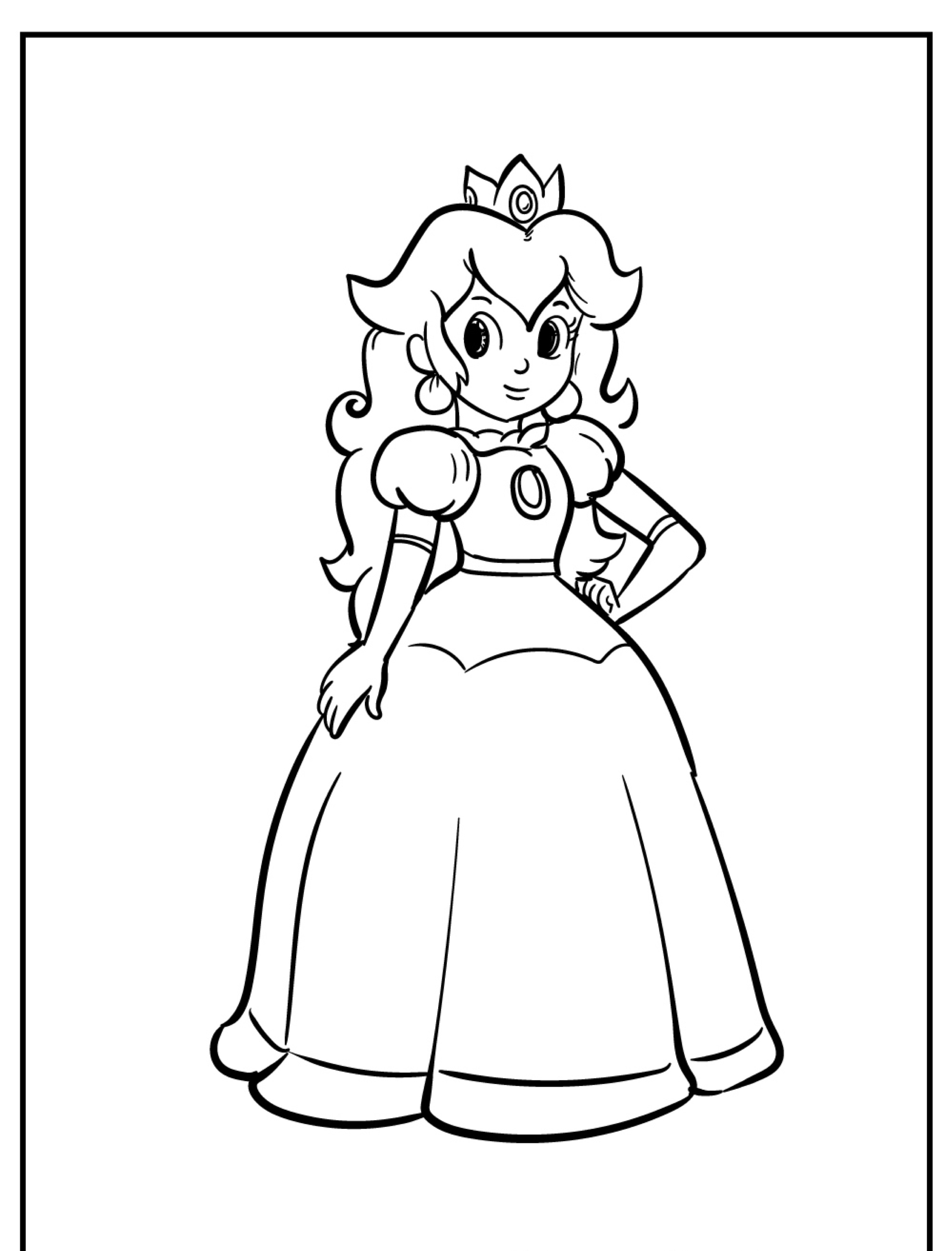 Desenho de uma princesa sorridente com uma coroa, cabelos longos e um vestido longo, com uma mão no quadril. Desenho para colorir perfeito para crianças! Para desenhar.