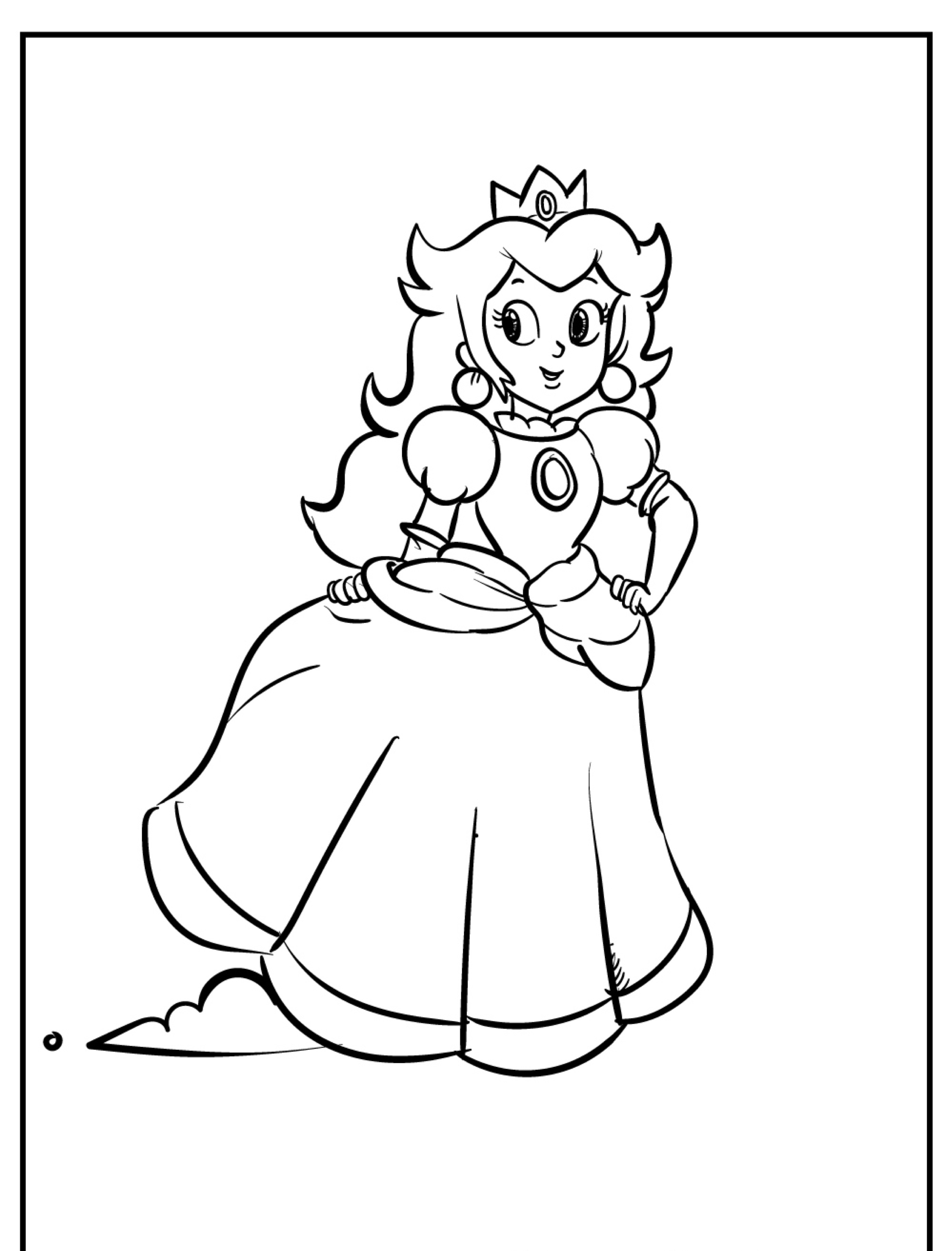 Desenho em preto e branco de uma princesa usando uma coroa e um vestido longo, de pé com uma mão na cintura, perfeito para colorir. Para desenhar.