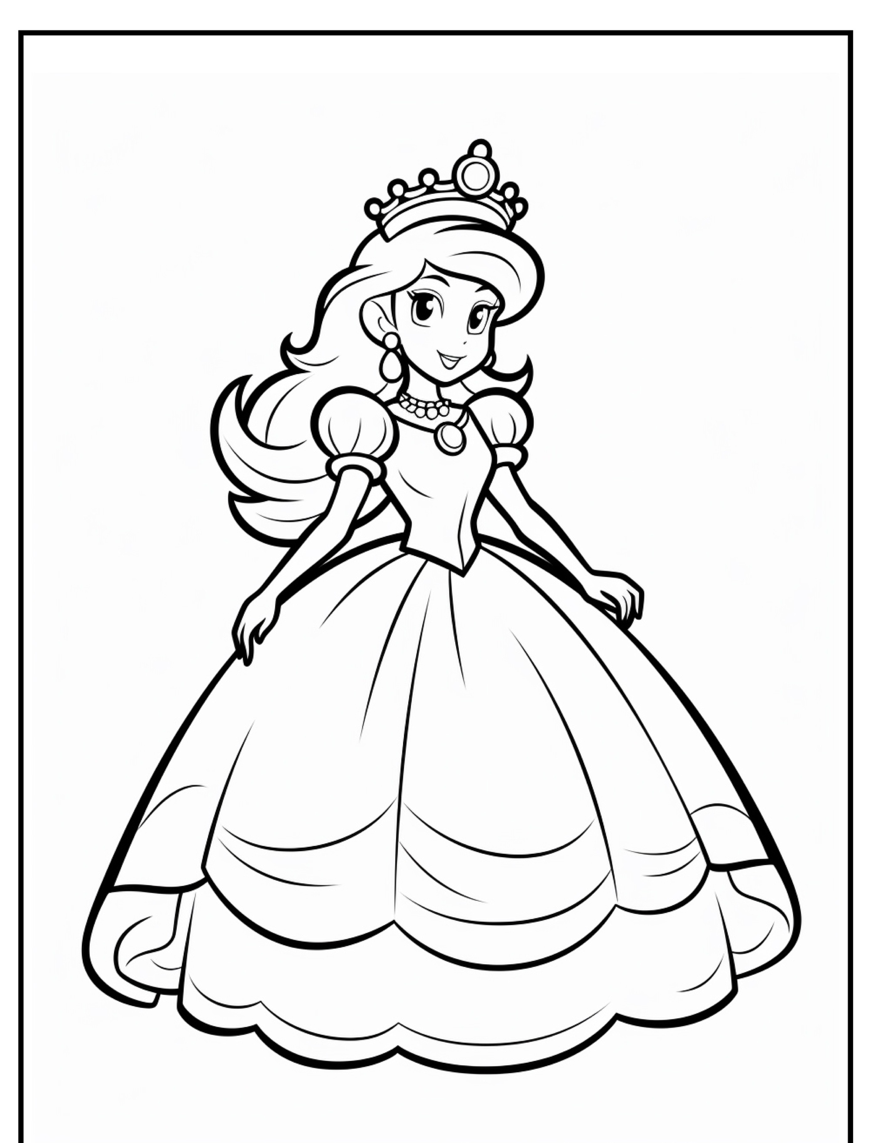 Uma página para colorir com princesas usando coroas e vestidos esvoaçantes, posando graciosamente. Esta página de desenho convida você a colorir suas roupas elegantes com suas cores favoritas. Para desenhar.