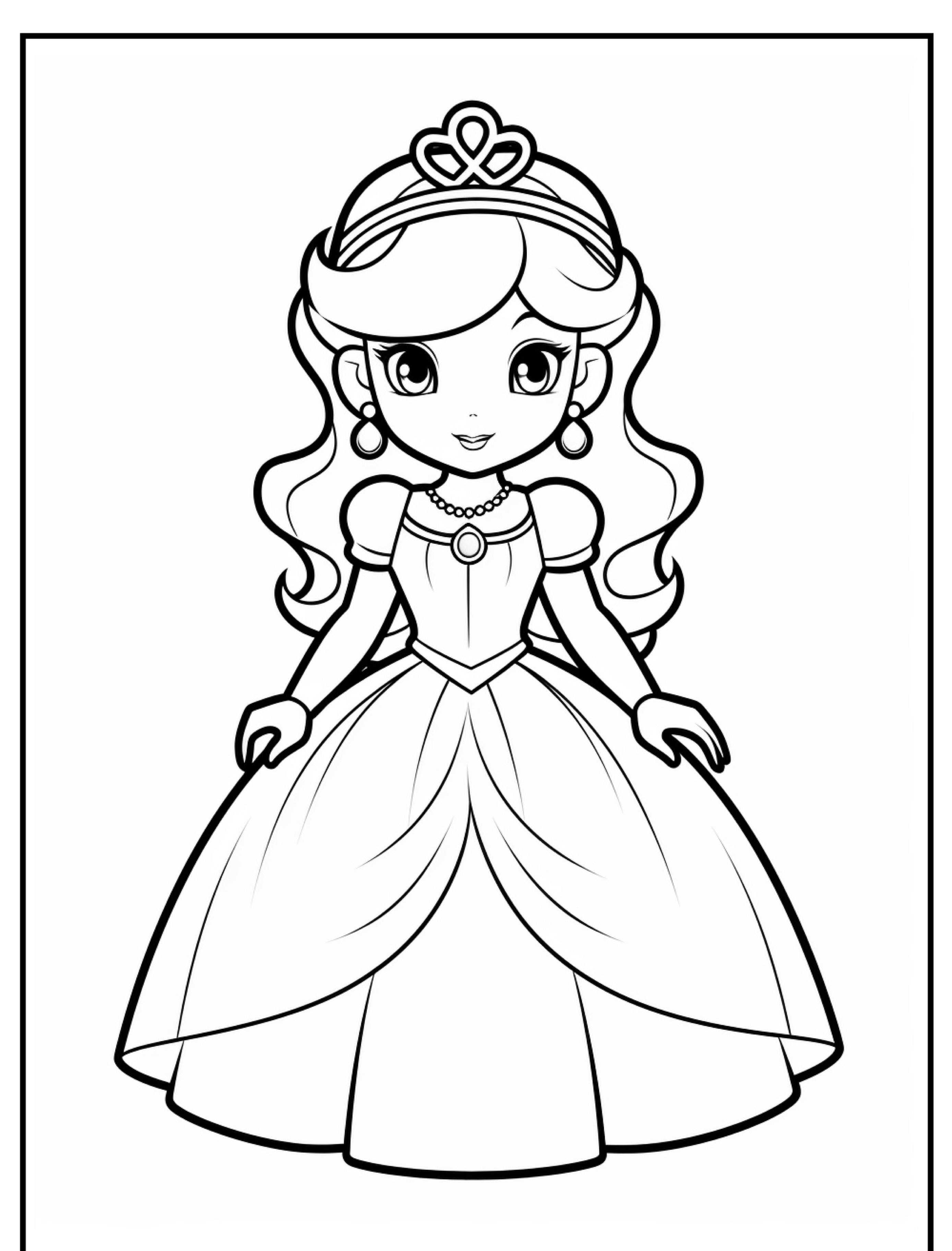 Desenho de uma princesa com cabelos longos e ondulados, usando uma tiara e um vestido esvoaçante, emoldurado dentro de uma borda retangular. Perfeito para desenho para colorir, esta ilustração encantadora captura a essência mágica das princesas. Para desenhar.