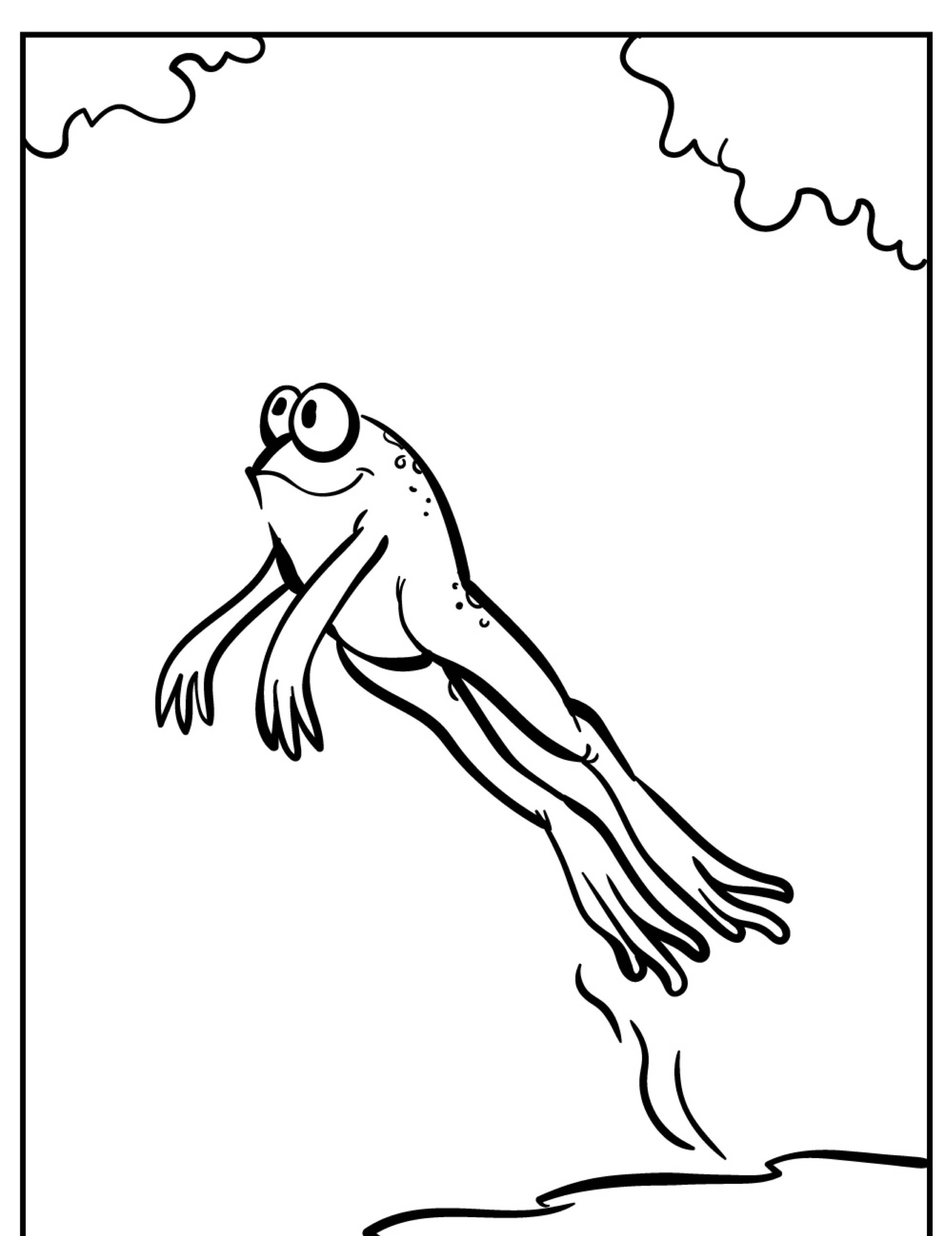 Um desenho de sapo em pleno salto, saltando em direção ao céu com uma expressão de boca aberta, perfeito para crianças colorirem.