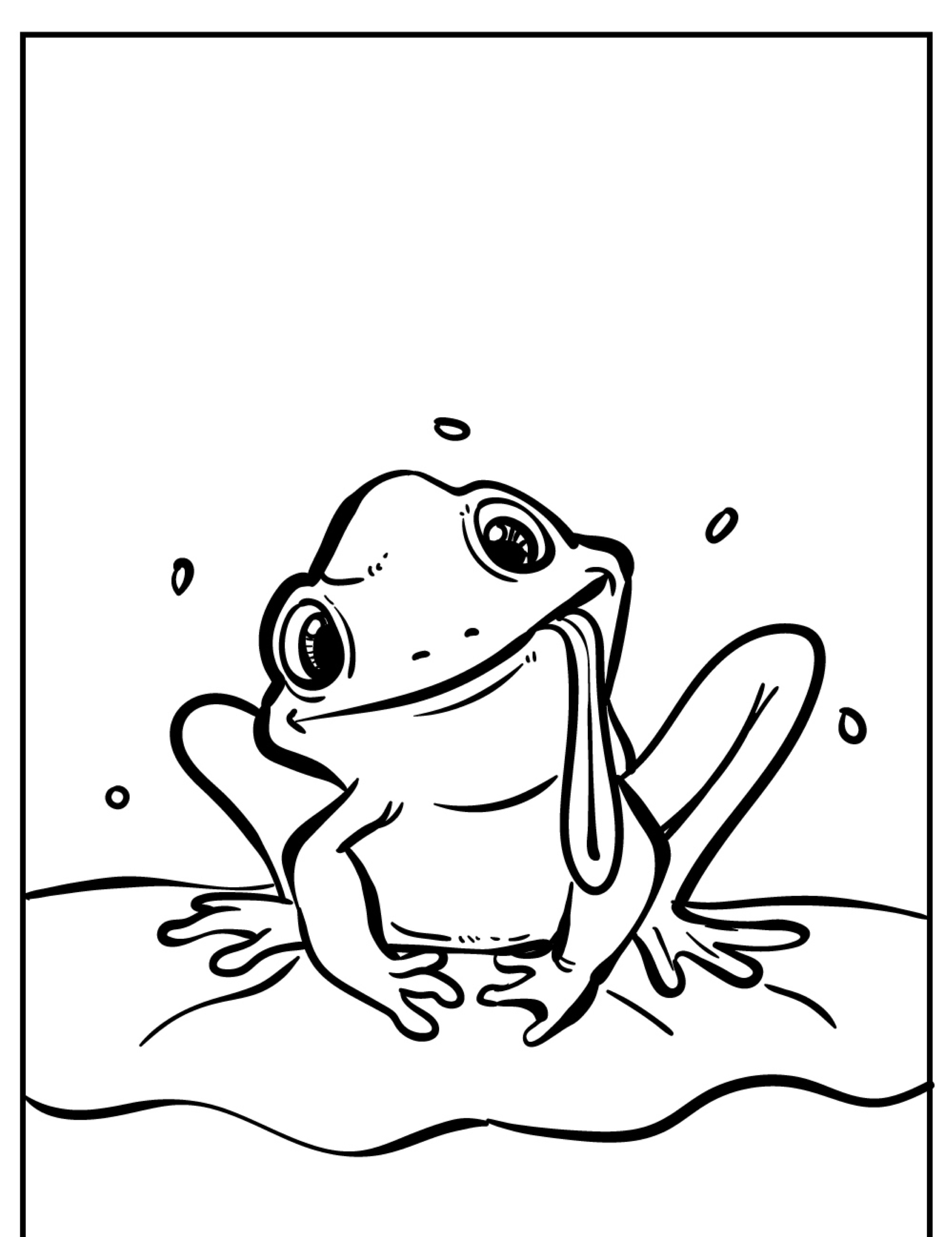 Um desenho para colorir de um sapo de desenho animado com uma língua longa sentado em uma almofada de lírio, com gotas de água acima de sua cabeça.