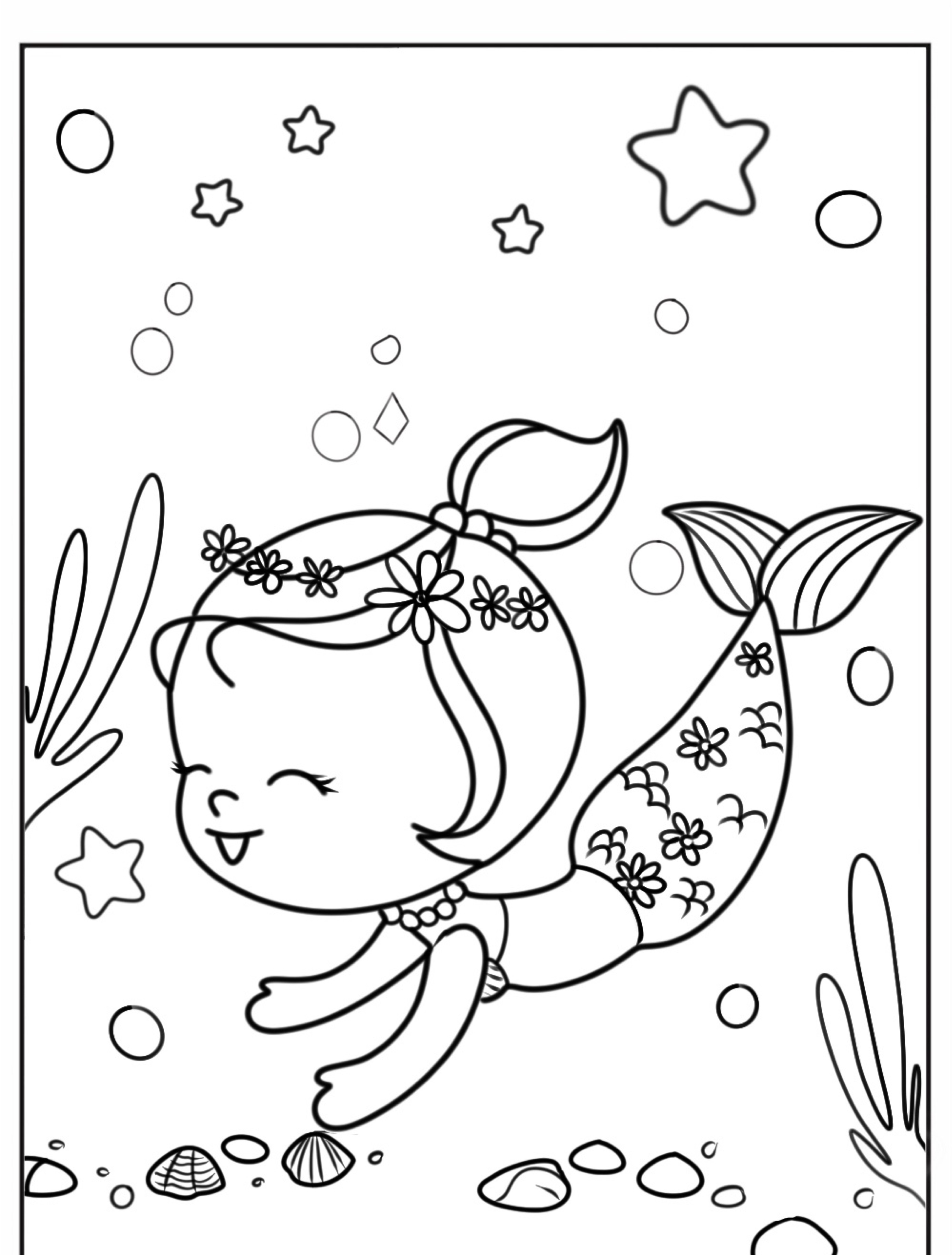 Desenho de Sereia para colorir: uma adorável sereia sorrindo com uma tiara floral, rodeada de conchas e estrelas em um cenário subaquático. Para colorir.