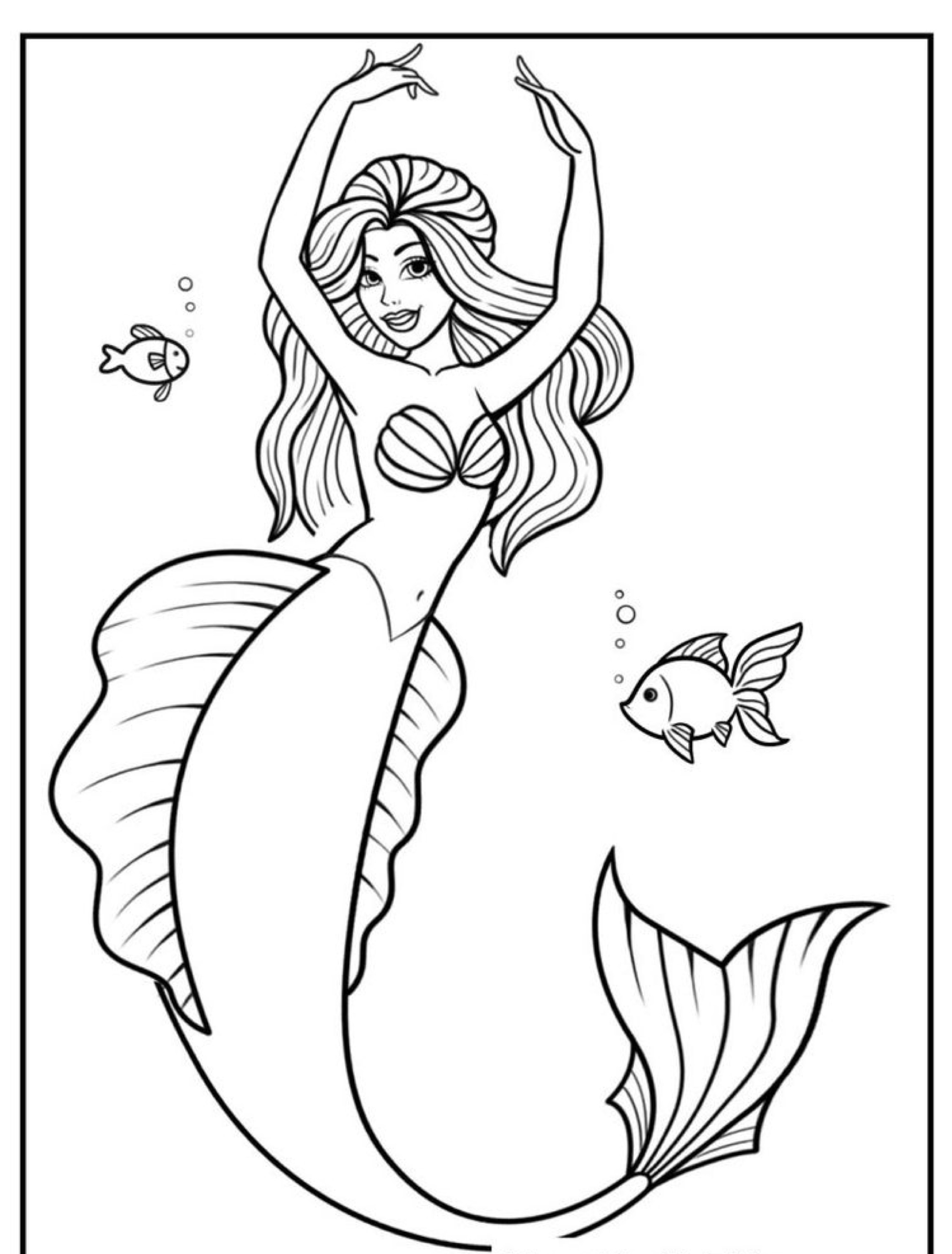 Uma sereia alegre com cabelos longos e uma blusa de concha nada com dois peixes felizes em um Desenho de Sereia para colorir. Para colorir.