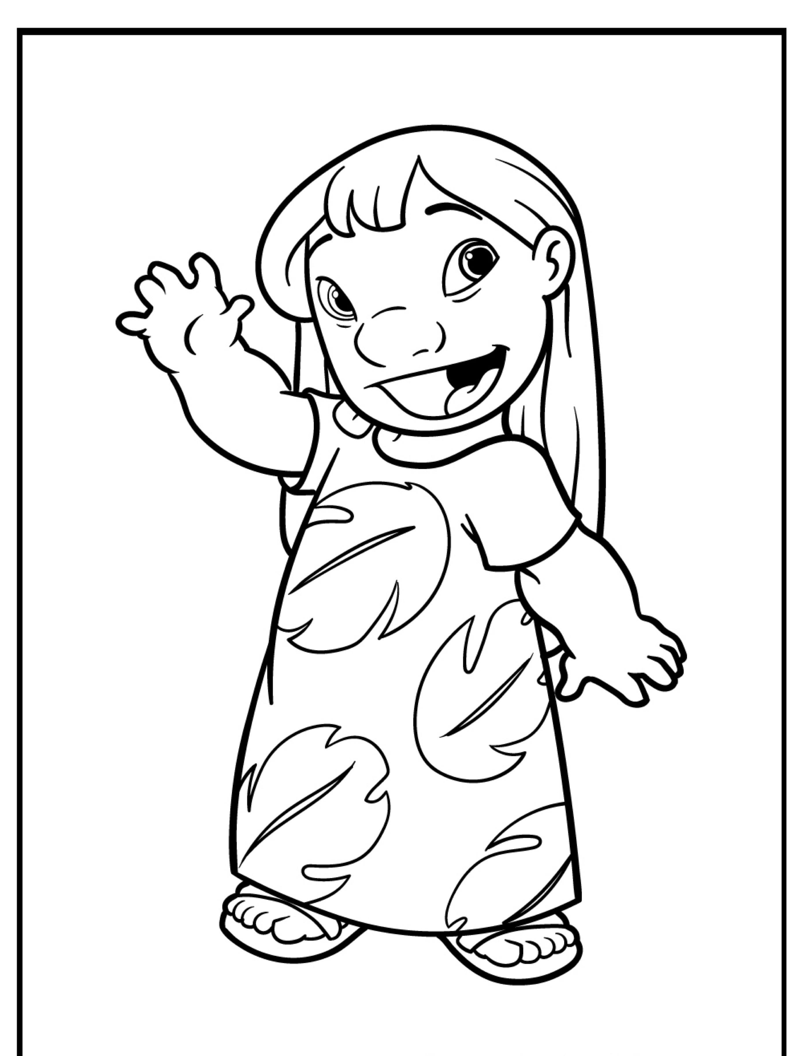 Uma jovem garota com um vestido com estampas de folhas está sorrindo e acenando, lembrando o espírito brincalhão de Stitch; uma ilustração encantadora de livro de colorir esperando para ser colorida.