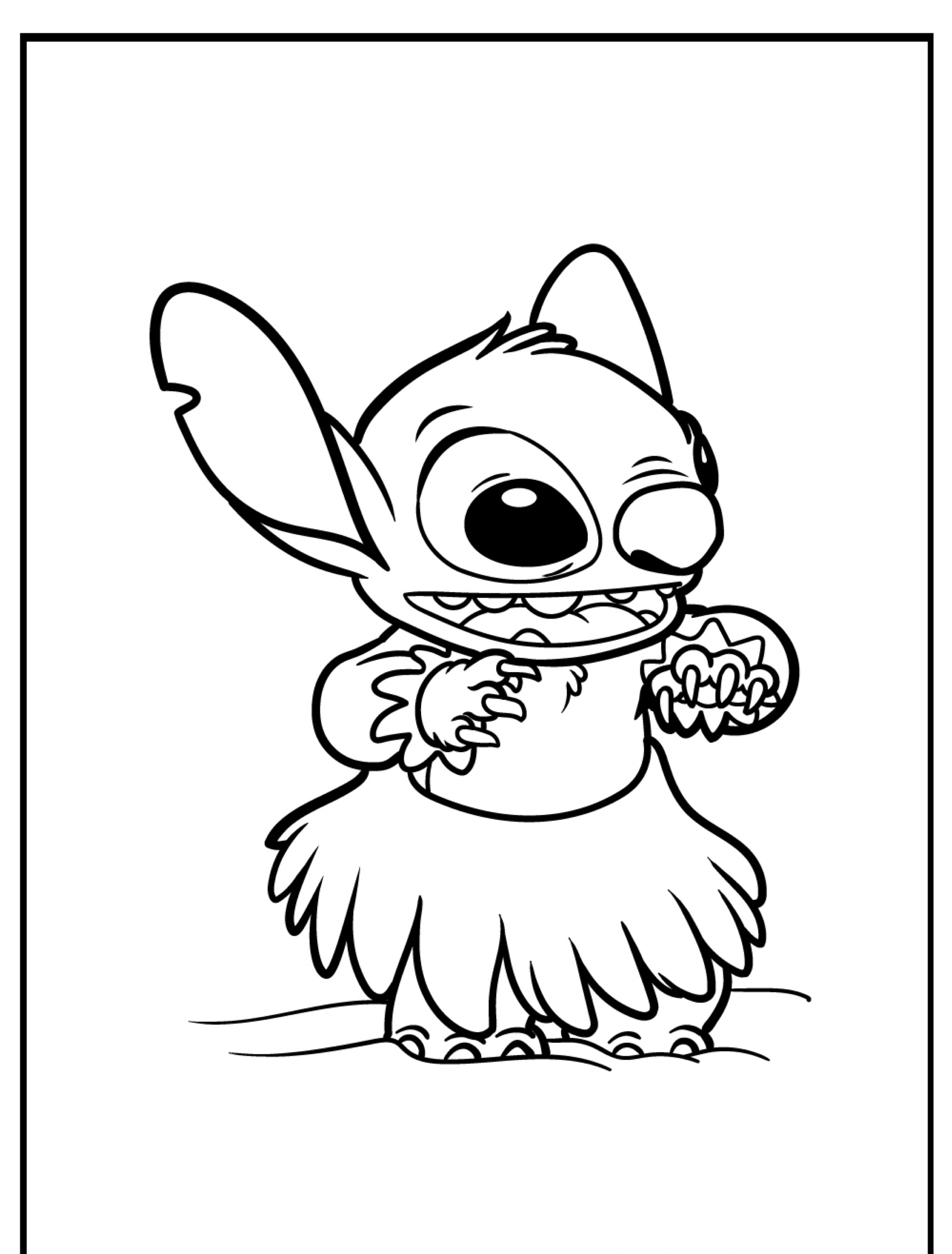 Um personagem alienígena de desenho animado, parecido com Stitch, vestindo uma saia hula, de pé e sorrindo com as mãos para cima, em preto e branco — um desenho perfeito para colorir.