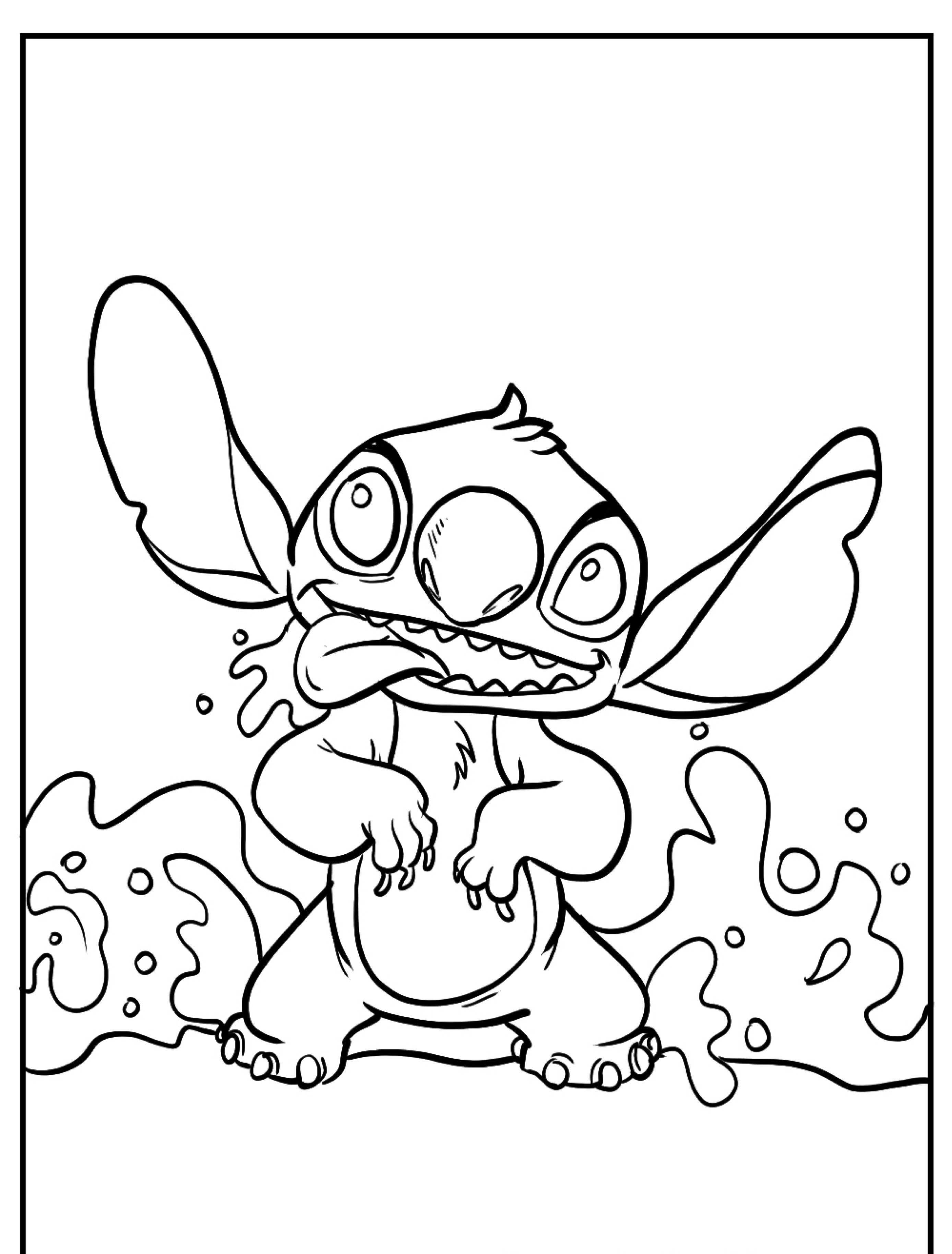 Desenho de uma criatura de desenho animado com orelhas grandes, parecida com Stitch, de pé com uma expressão engraçada e a língua para fora em um respingo de água, perfeito para desenhos de colorir.