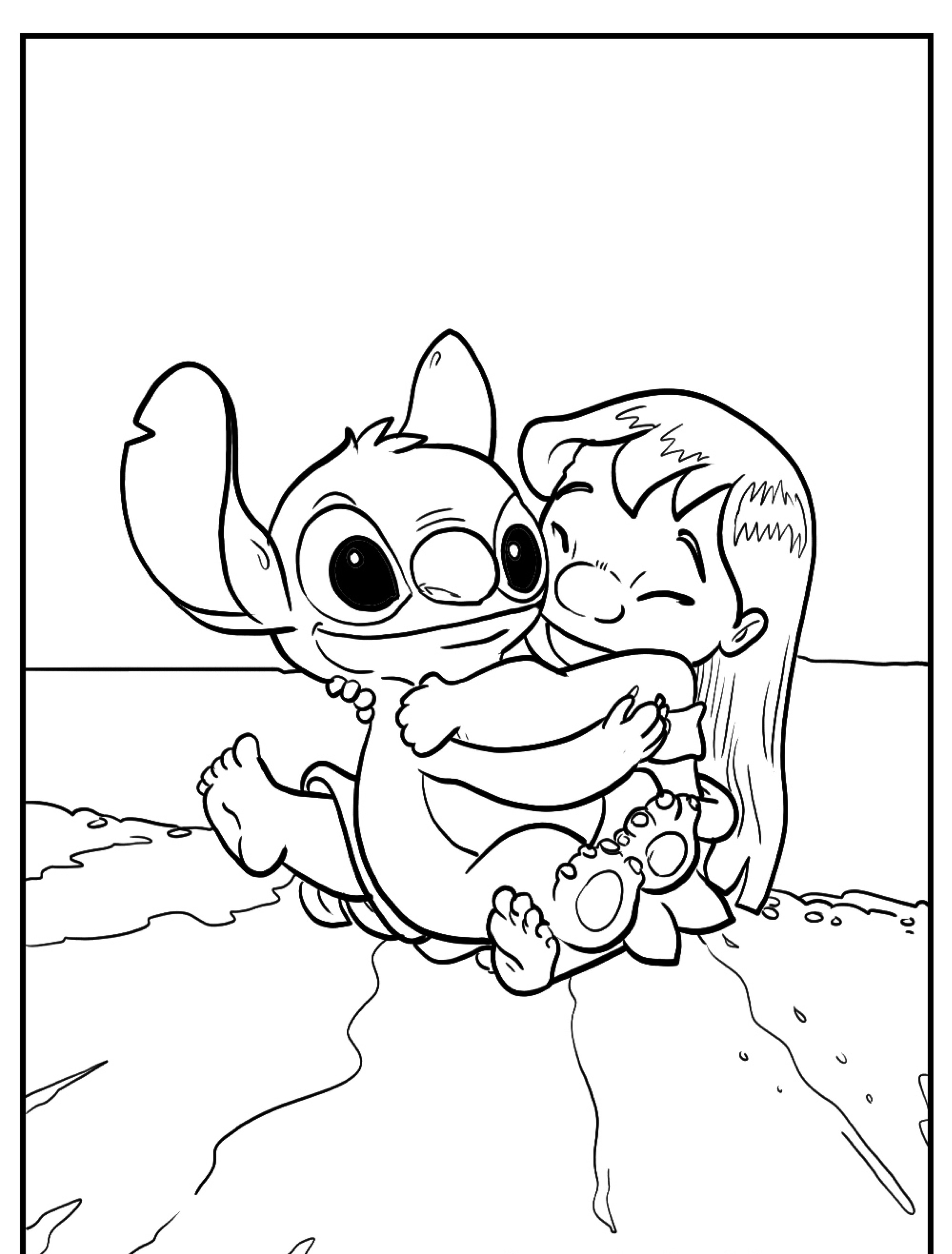 Uma garota e uma criatura alienígena, que lembra o Stitch, abraçadas enquanto estão sentadas na praia, sorrindo felizes como personagens de desenhos prontos para colorir.