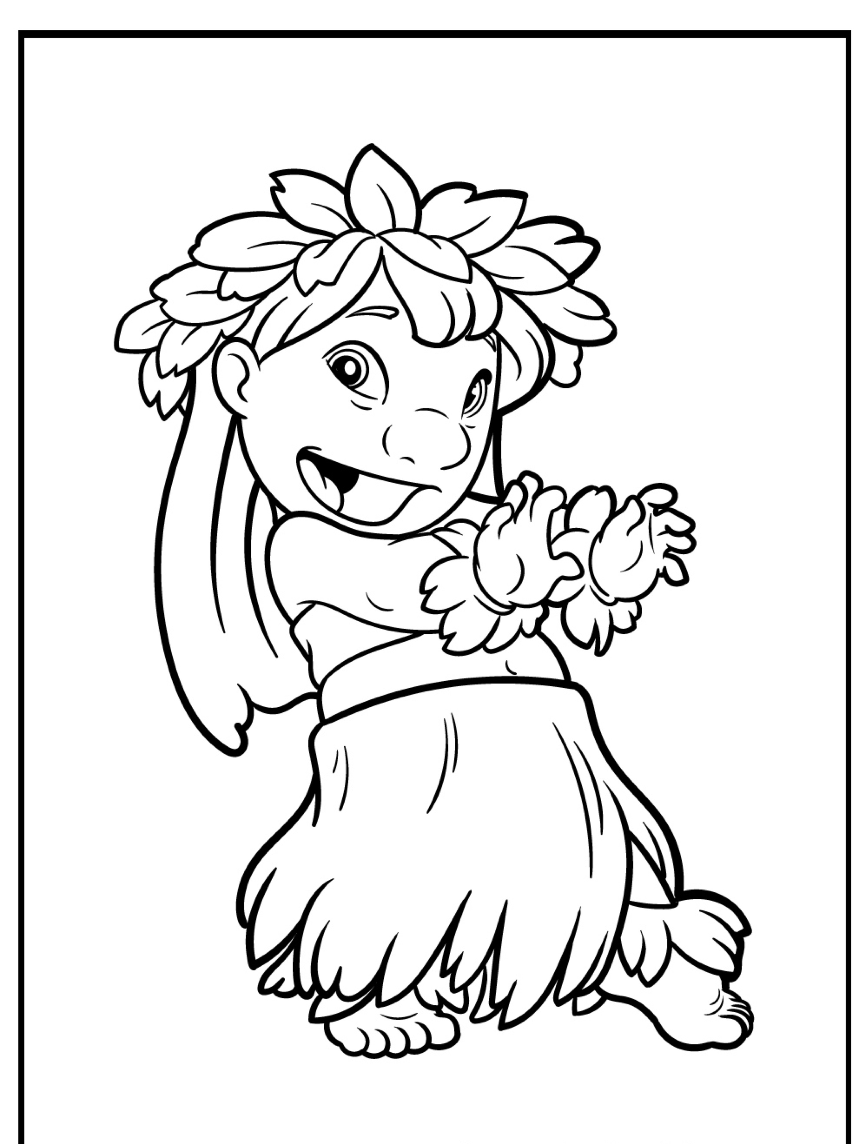 Um contorno preto e branco de um personagem de desenho animado em uma roupa de hula com uma saia de grama e um enfeite de cabeça de flor, dançando e sorrindo. Perfeito para desenhos inspirados em Stitch para colorir!