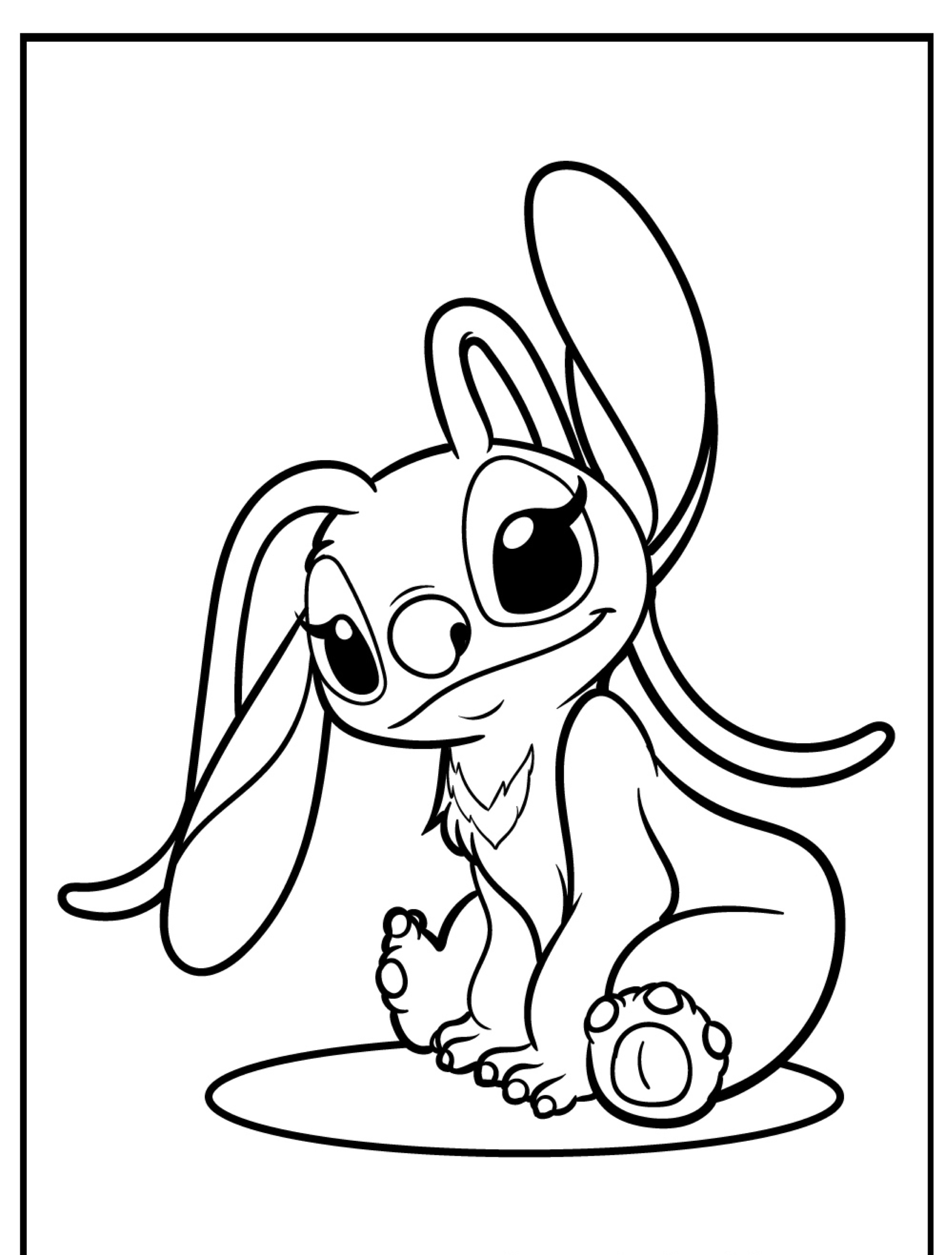 Um coelhinho fofo de desenho animado com orelhas longas e uma expressão doce, sentado e olhando para frente, perfeito para colorir junto com desenhos do Stitch.