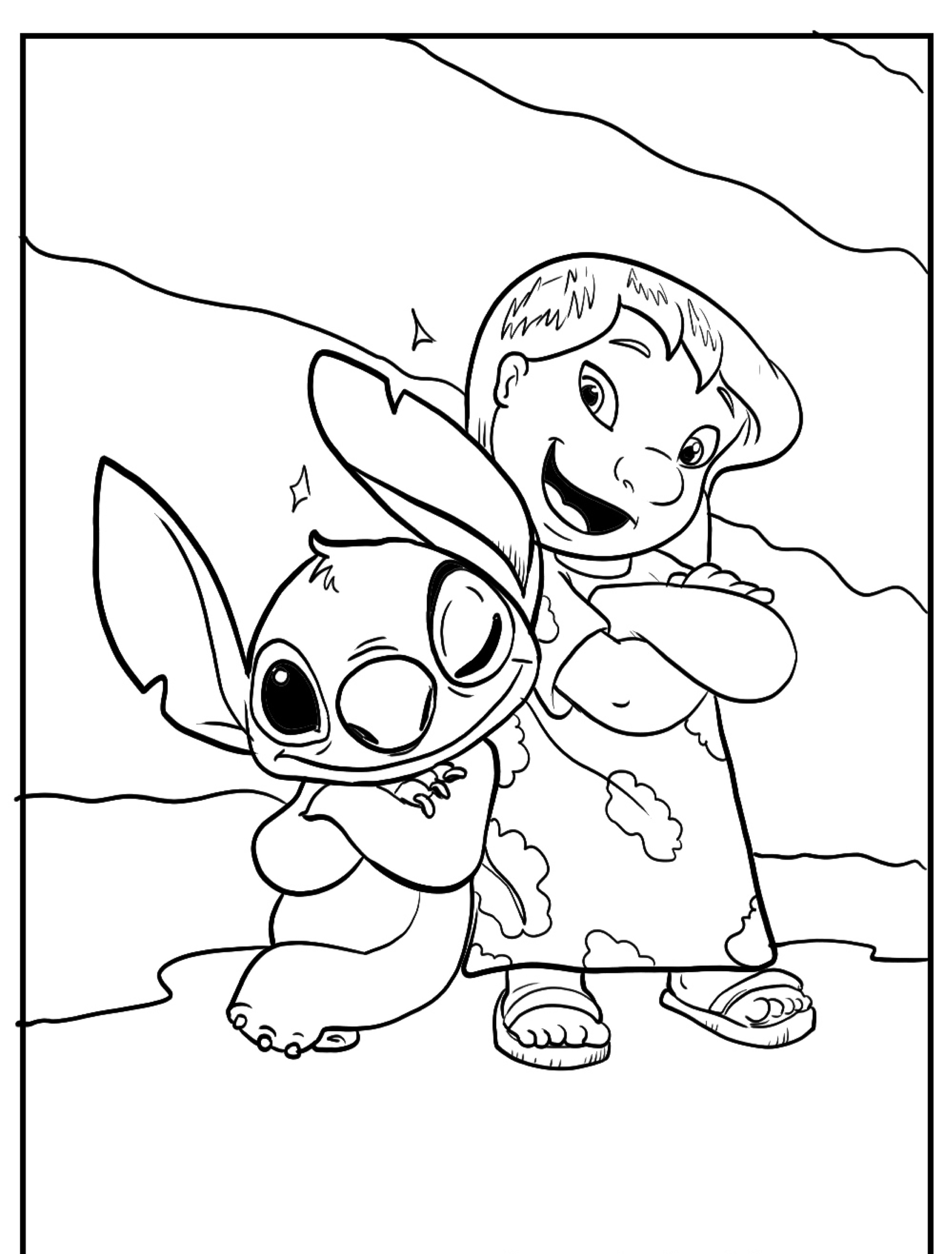 Uma criança e um personagem alienígena fazendo uma pose divertida juntos, ambos sorrindo e com os braços cruzados, lembrando as cenas divertidas que você encontra em "Desenhos do Stitch".