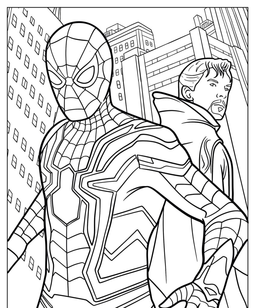 Arte linear do Homem-Aranha e outro super-herói com um fundo de paisagem urbana, perfeito para desenho para colorir.