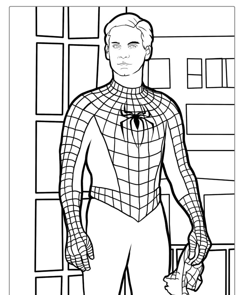 Desenho do Homem-Aranha em seu traje, em pé em frente a um fundo de paisagem urbana, perfeito para fanáticos por super-heróis e entusiastas de desenhos para colorir.