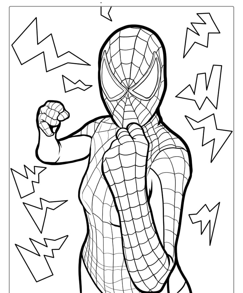 Uma arte de linha de uma pessoa em um traje do Homem-Aranha, posada com punhos cerrados, cercada por raios estilizados. Perfeito para desenho para colorir e fãs de super-heróis.