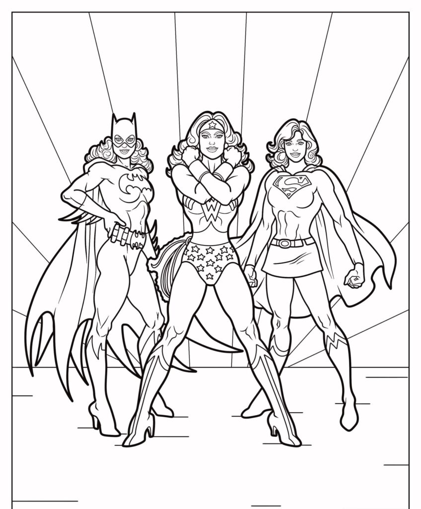 Arte de linha de Batgirl, Mulher Maravilha e Supergirl confiantes em poses de super-heróis com um fundo radiante - perfeito para desenhos para colorir de super heróis.