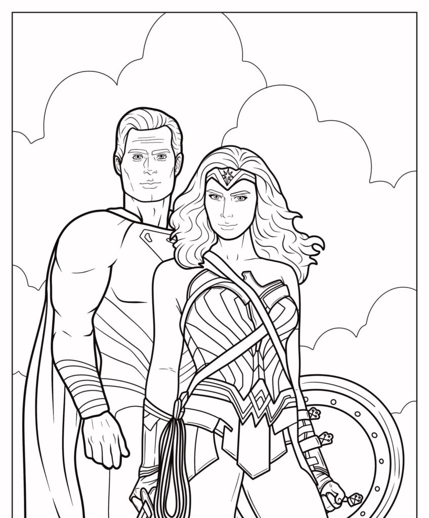 Desenhos para colorir de dois super herois juntos sob um céu nublado.