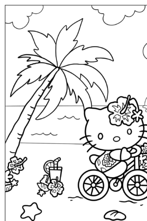 Um gato de desenho animado em um triciclo perto de uma palmeira na praia, tomando uma bebida tropical cercado por flores de hibisco. É a cena perfeita de Hello Kit para aproveitar ou para Desenhos para colorir.