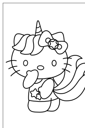 Hello Kitty vestida de unicórnio com uma estrela na blusa e um laço na cabeça, em uma pose fofa, perfeita para desenhos para colorir Hello Kit.