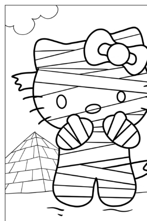 Hello Kitty, vestida de múmia, está em frente a uma pirâmide sob um céu parcialmente nublado, perfeito para desenhos para colorir.