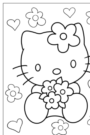 Um lindo gato de desenho animado com uma flor na cabeça, segurando um buquê, cercado por corações e flores — perfeito para desenhos para colorir.