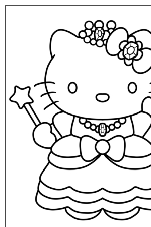 Uma personagem de desenho animado fofa vestida de princesa com uma tiara, varinha, colar e um laço no vestido. Esta arte inspirada na Hello Kit é perfeita para Desenhos para colorir.