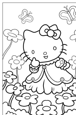 Hello Kitty em um vestido cercado de flores e borboletas, perfeito para desenhos para colorir.