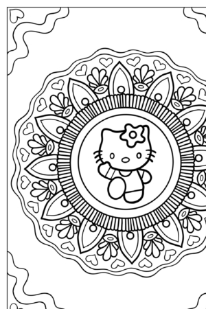 Um design de mandala com um gato de desenho animado com um laço no centro, cercado por padrões complexos e formatos de coração, perfeito para quem ama desenhos para colorir Hello Kit.